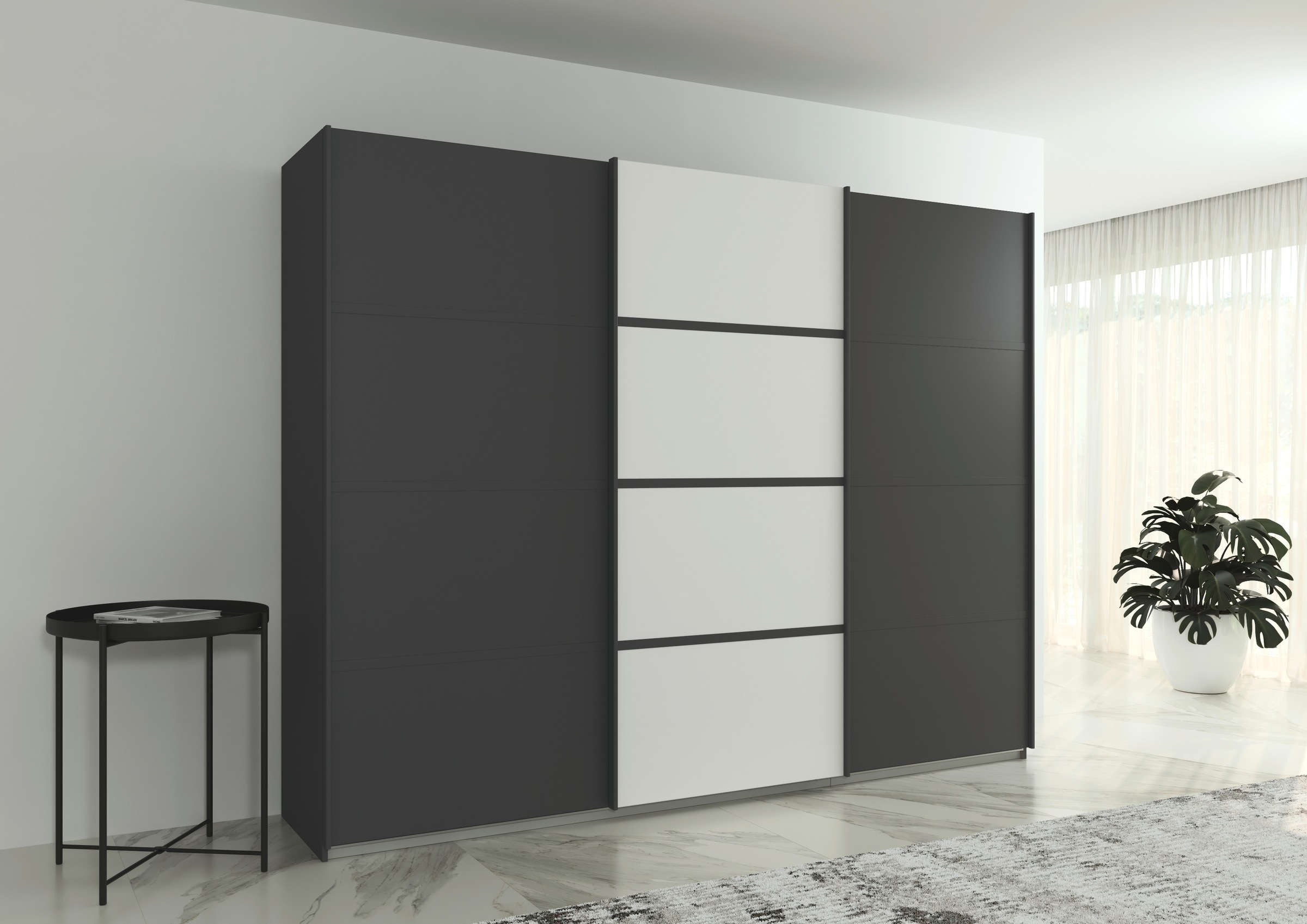 rauch Kleiderschrank »Schwebetürenschrank Garderobe Schrank TOP ANGEBOT Avola«, (in 3 verschiedenen Ausstattungen BASIC/CLASSIC/PREMIUM), mit eleganten Zierleisten in Chrom, Schwarz oder Weiß MADE IN GERMANY