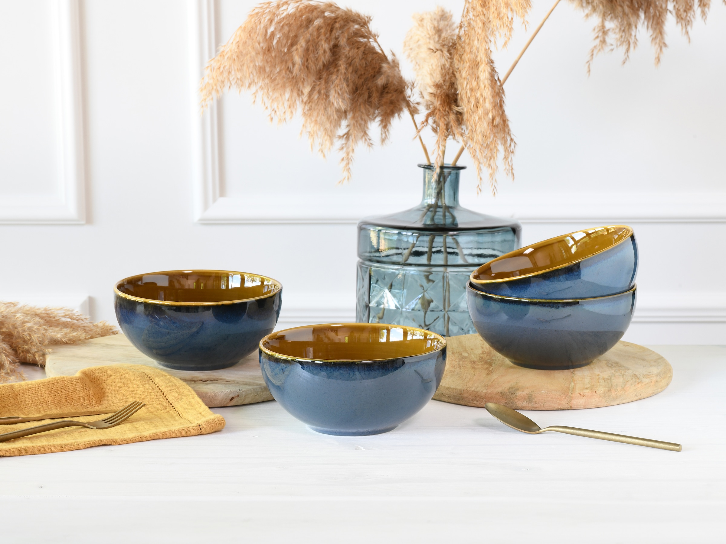 CreaTable Schale »Mallorca, Buddha Bowl 4-tlg« 4 Stk. aus Steinzeug Spezialglasur mit Vintage Außenrand