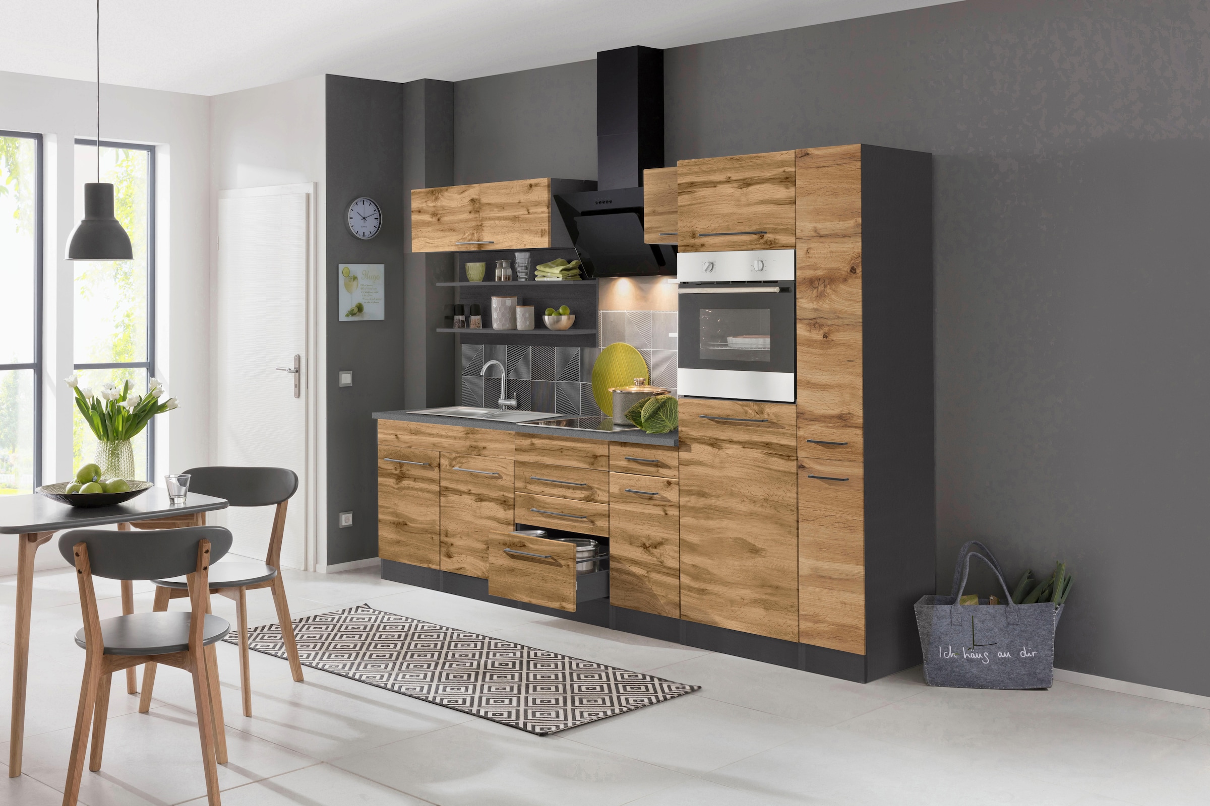 KOCHSTATION Küchenzeile »KS-Tulsa« ohne E-Geräte, Breite 300 cm, schwarze Metallgriffe, MDF Fronten