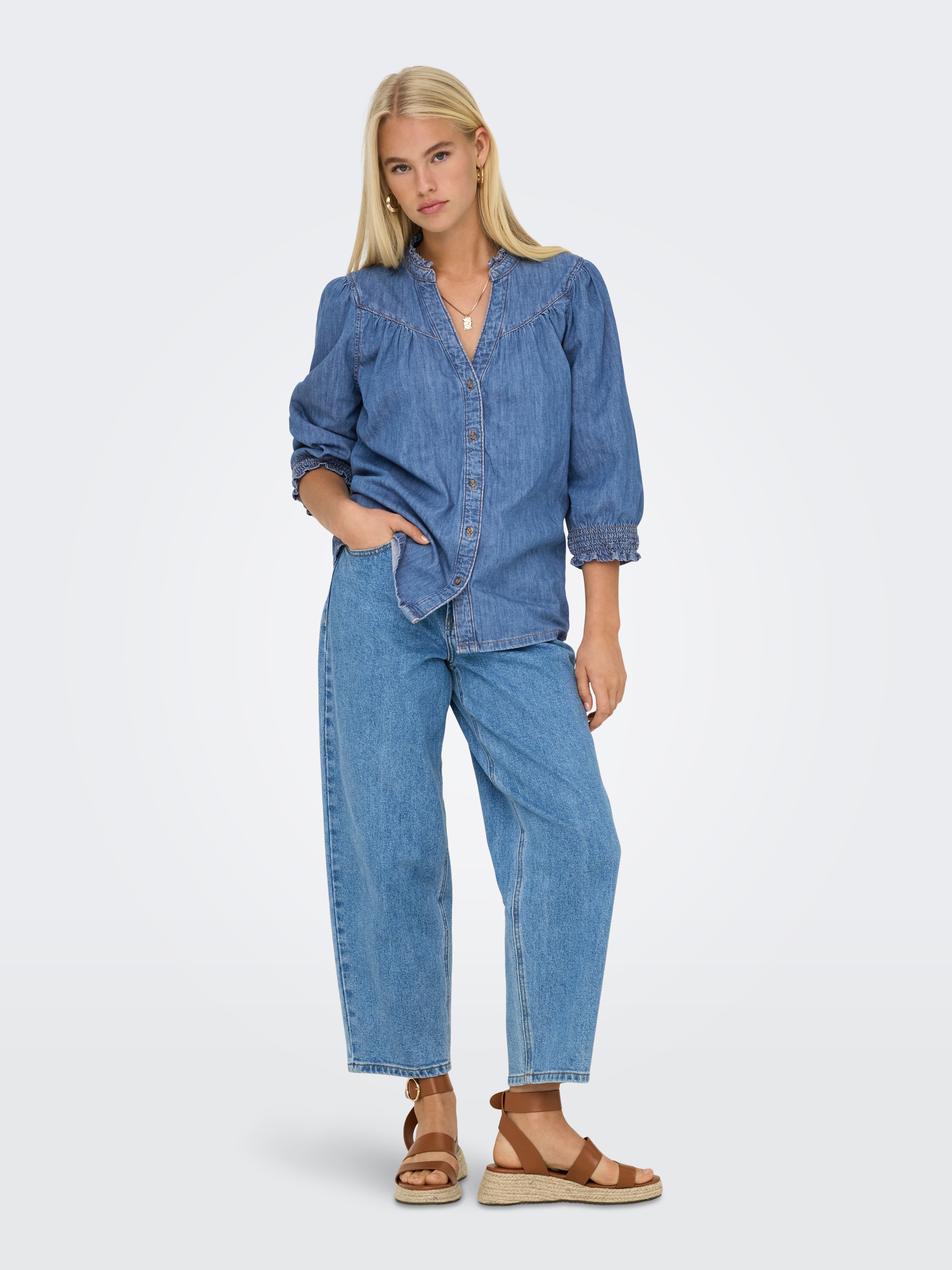 ONLY Jeansbluse »ONLRAYA 3/4 SHIRT DNM AKM NOOS« mit Rüschenkragen