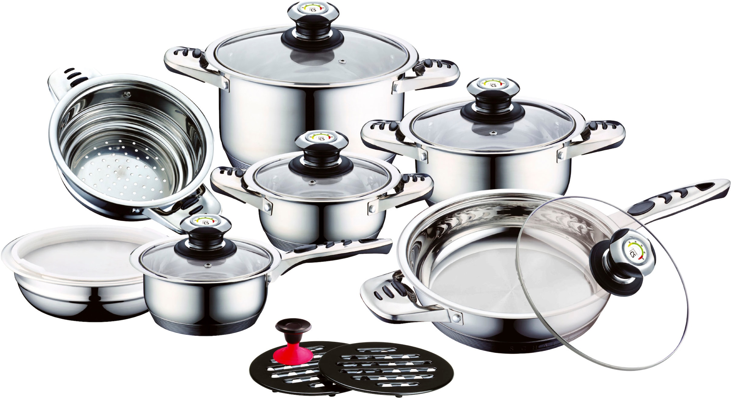CS Koch-Systeme Topf-Set "Aurich" Set, Bratentopf 16/20/24cm, Stieltopf 16cm, Pfanne 24cm, Einsatz, Schüssel, 16 Stk. tlg. Edelstahl