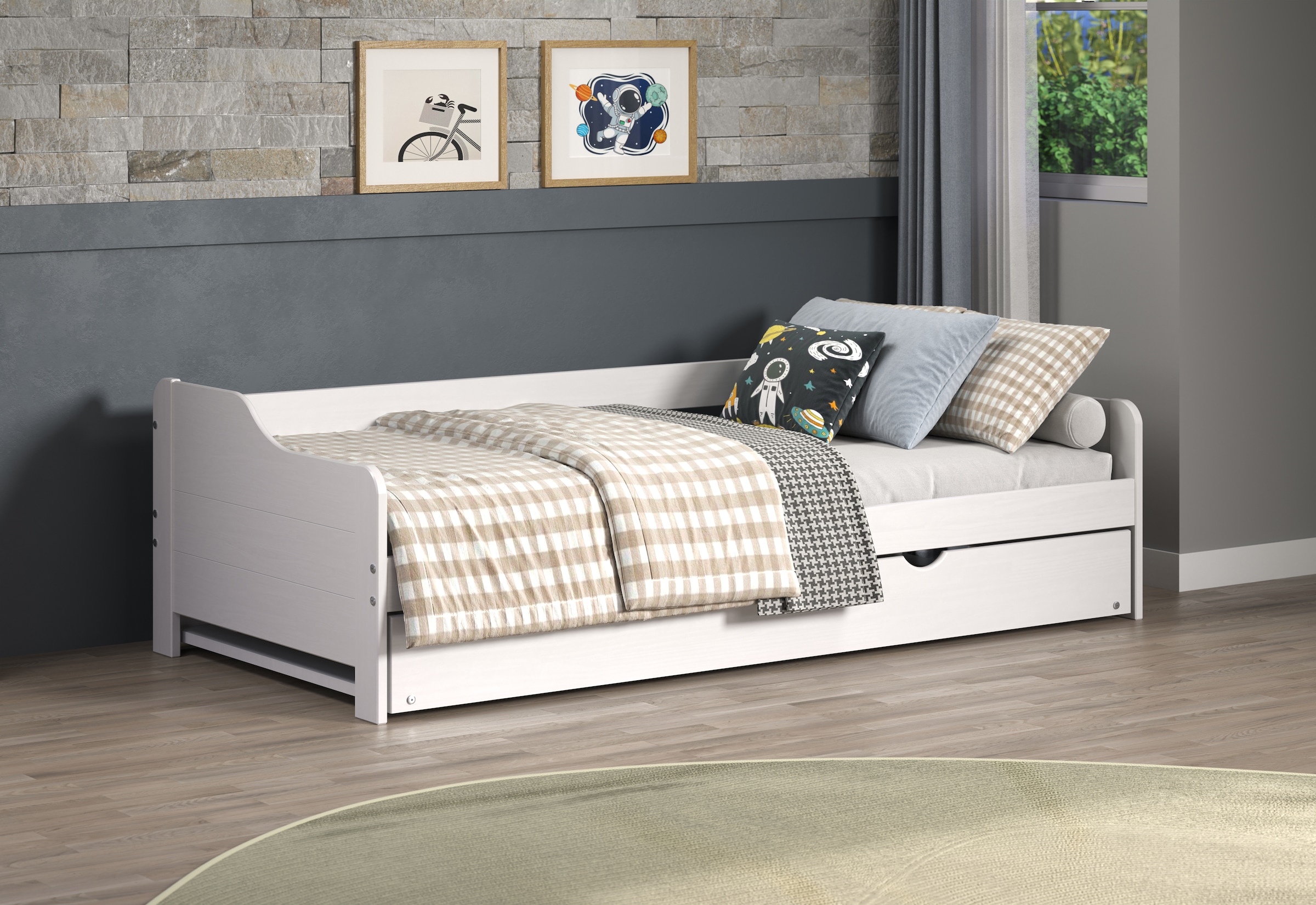 Home affaire Holzbett »Avesta Bett Ausziehbett Daybett Gästebett Funktionsbett«, (1 tlg.), Weißes Massivholz Bett mit Auszieh-Funktion - 90x200 cm Liegefläche