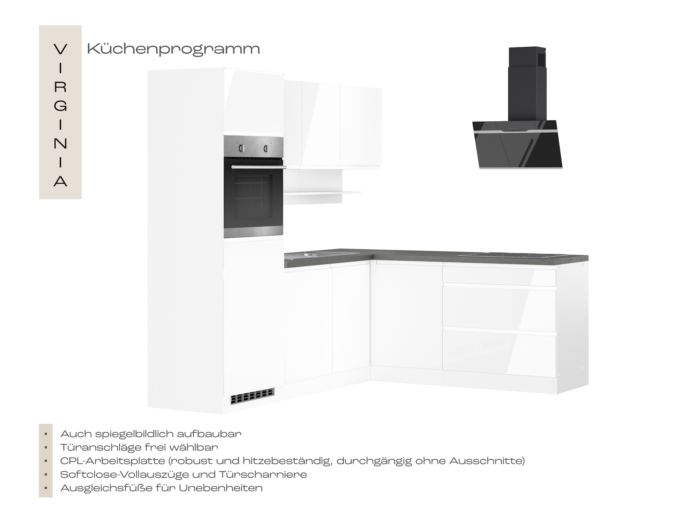 KOCHSTATION »KS-Virginia,neu in verbesserter Ausführung« Arbeitsplatte 38 mm stark, Stauraum, Softclose,  Stellbreite 230/190 cm, Soft-Close, ohne E-Geräte