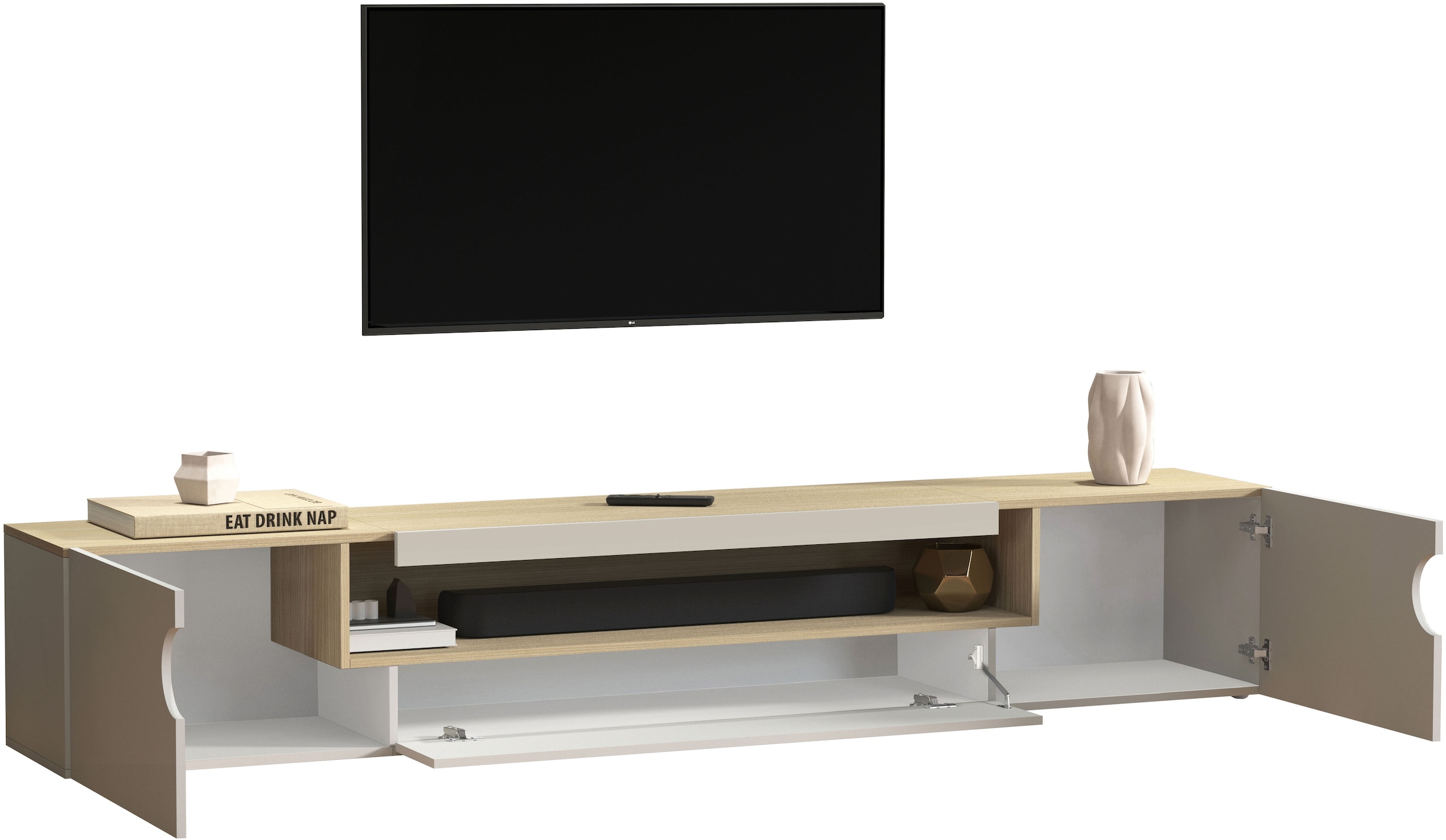 INOSIGN Lowboard »REAL TV-Möbel, 240 cm breit, 40/60 cm hoch, Hochglanz oder matt« mit 2 abgerundeten Türen, 1 Klappe, die ein ovales offenes Fach bilden
