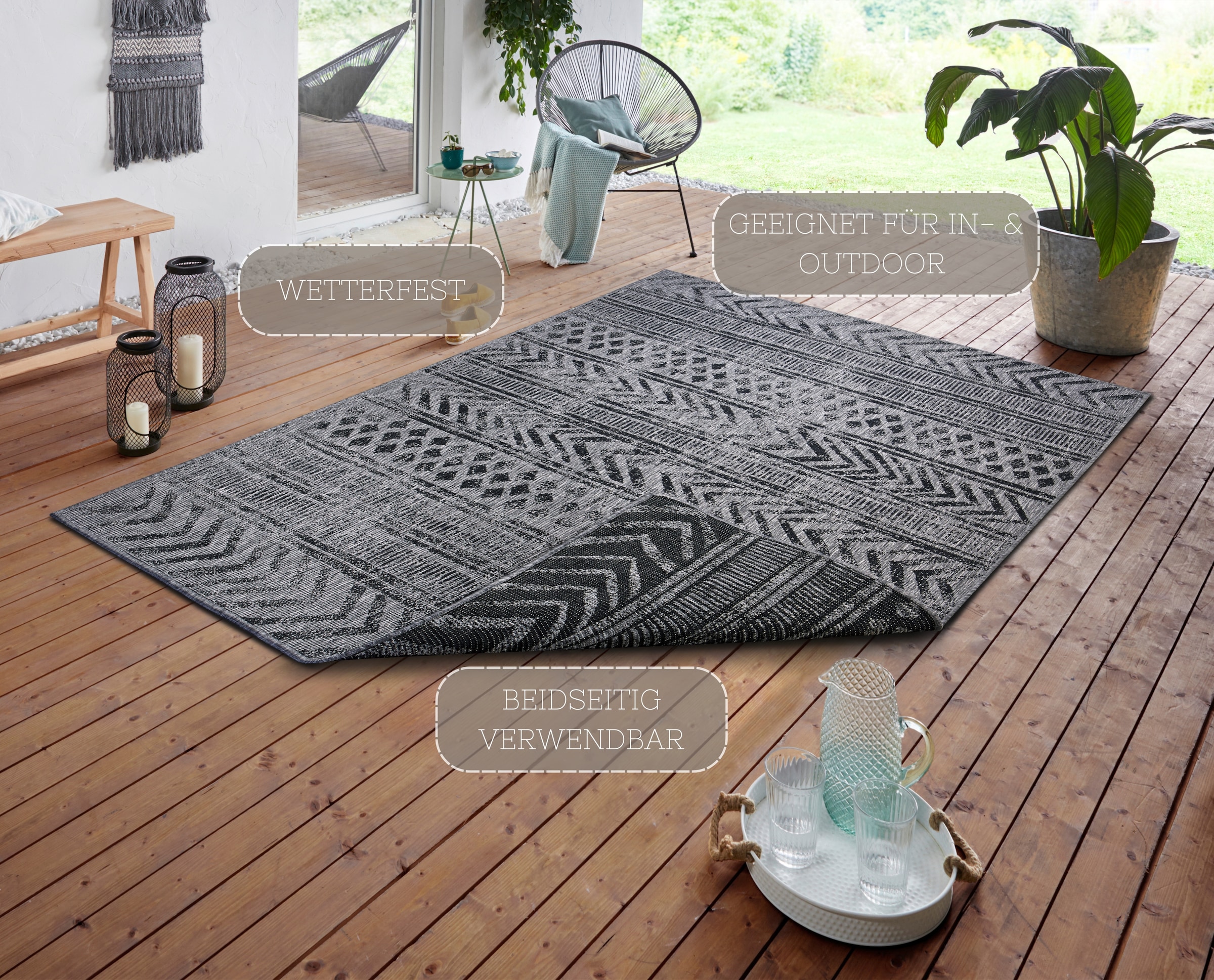HANSE Home Teppich »BIRI Wendeteppich«, rechteckig, 5 mm Höhe, In-& Outdoor, Wetterfest, Balkon, Läufer, Wohnzimmer, Wasserfest, Boho