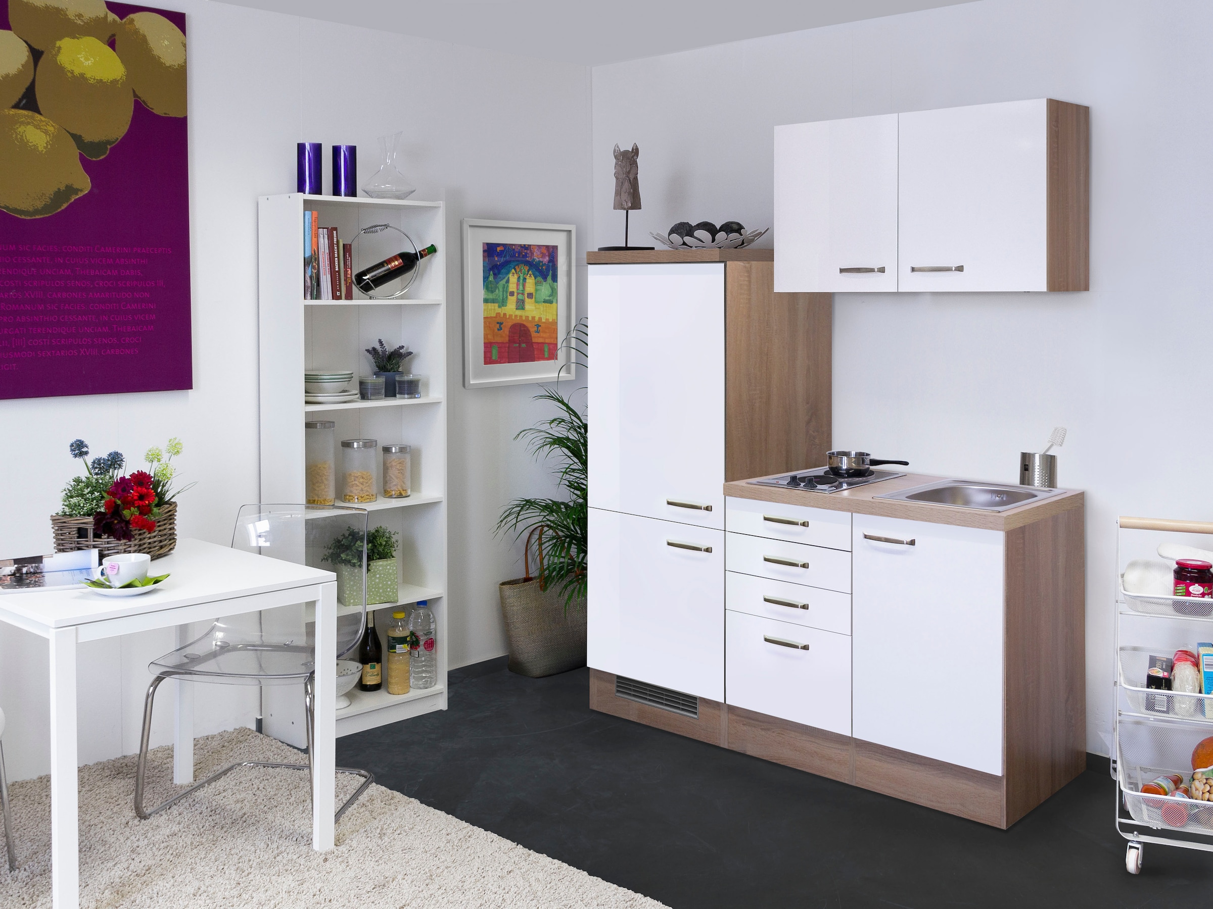 Flex-Well Küchenzeile »Florenz«, Gesamtbreite 160 cm, mit Einbau-Kühlschrank, Kochfeld und Spüle etc.