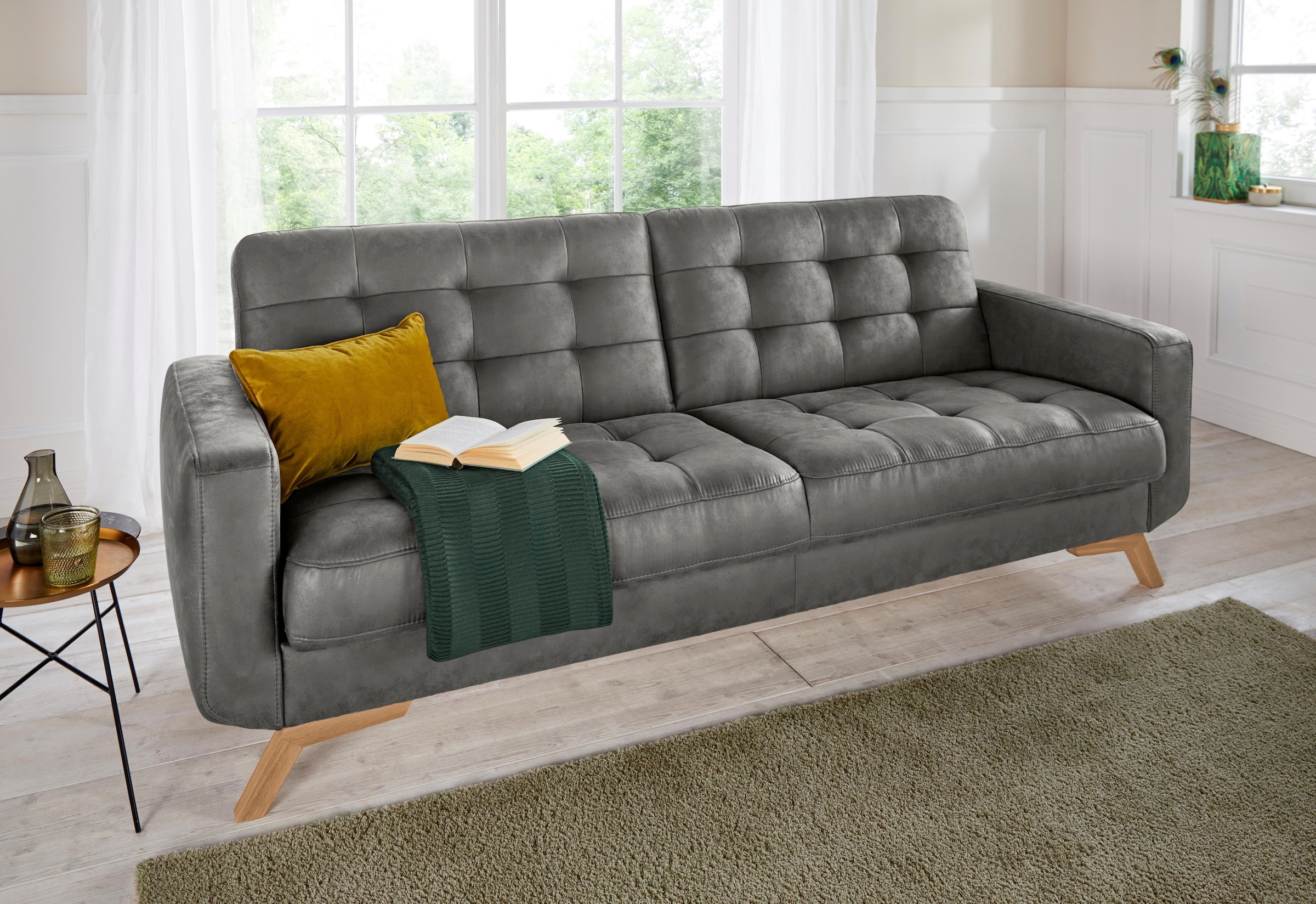 exxpo - sofa fashion 3-Sitzer »Fiord, aktuelles Design, tolle Detailverarbeitung im Sitz und Rücken«, bequem, wahlweise Kippcouch mit Bettfunktion und Bettkasten, Holzfuß