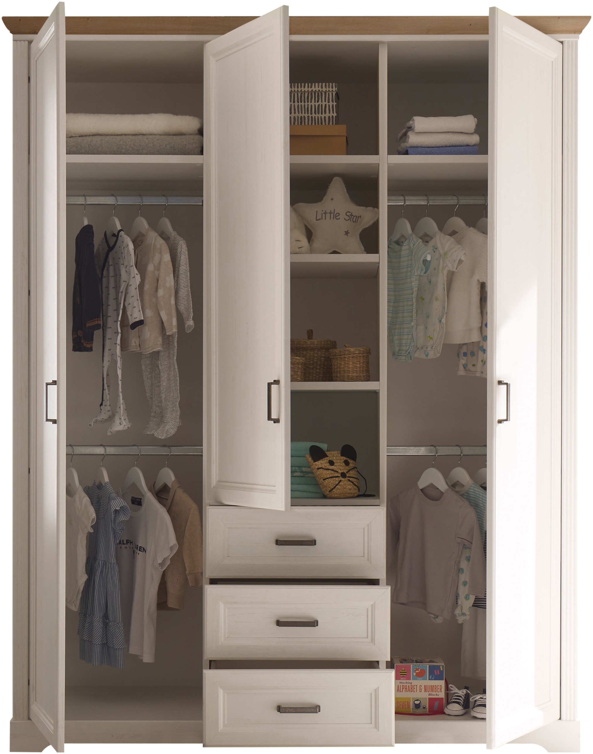 Begabino Drehtürenschrank »Jasmin Schrank, Kleiderschrank mit Drehtüren«, im Landhausstil, Kranzleiste mit farblicher Absetzung