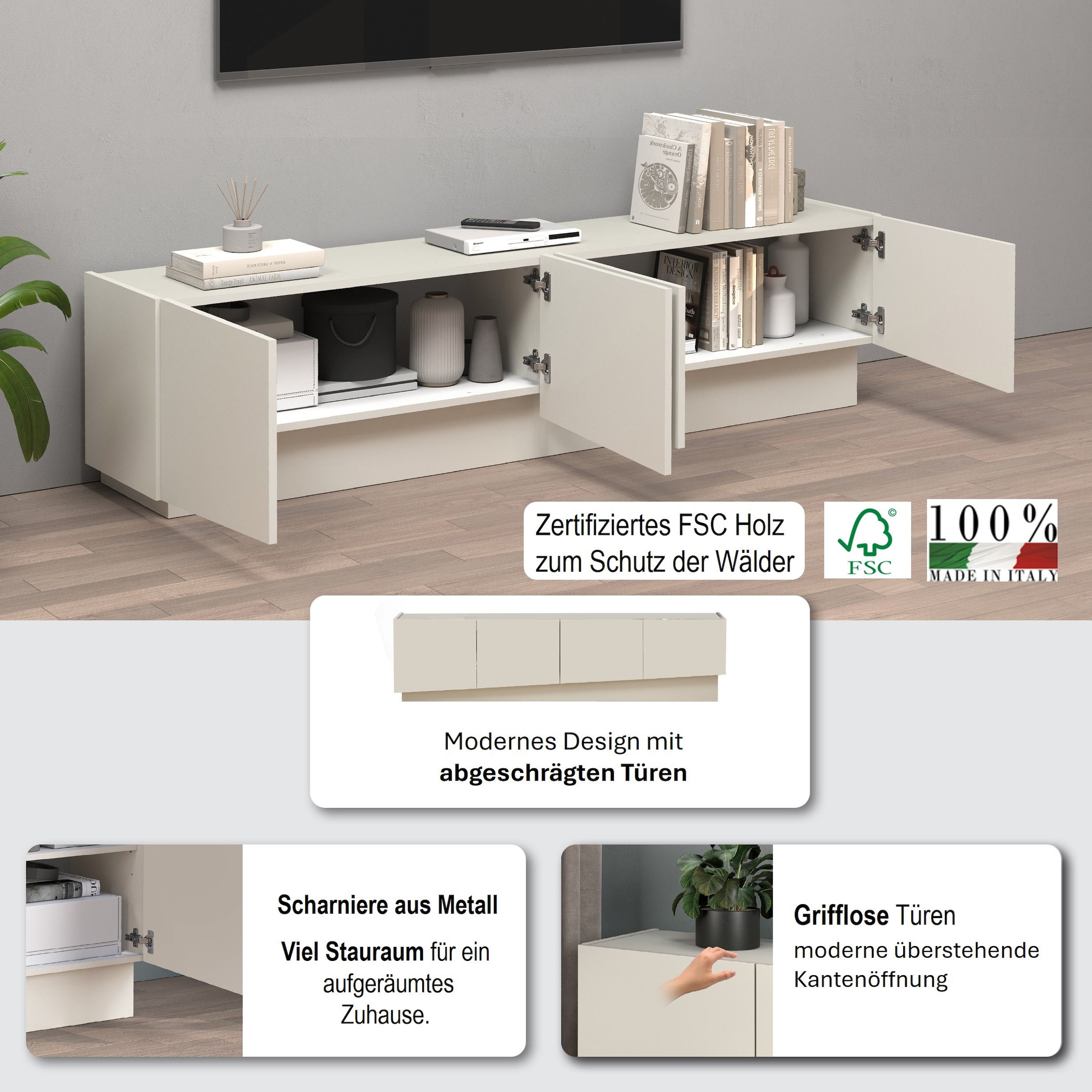 INOSIGN Lowboard »VELA, Lowboard, Breite 180 cm, Design mit schrägen Türen« 1 Stk. tlg. Made in Italy, Maße-B/T/H: 180x35x45, Lowboard, TV-Board, TV-Kommode