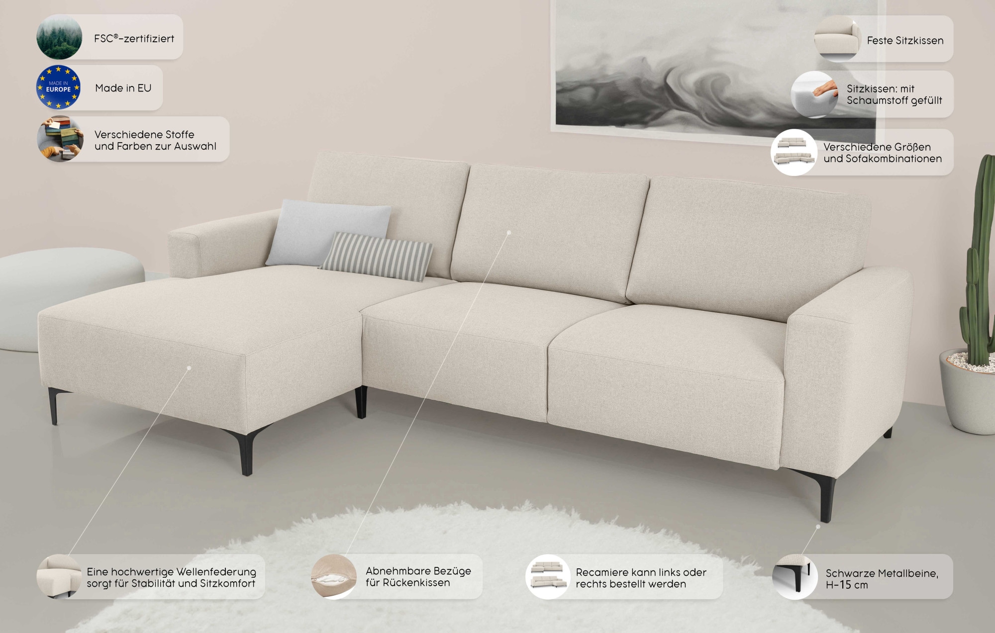 Home affaire Ecksofa »Tournon, L-Form, Breite 262 cm, Webstoff, Chenille«, Designsofa im nordischen Stil, Wellenunterfederung, Metallfüße