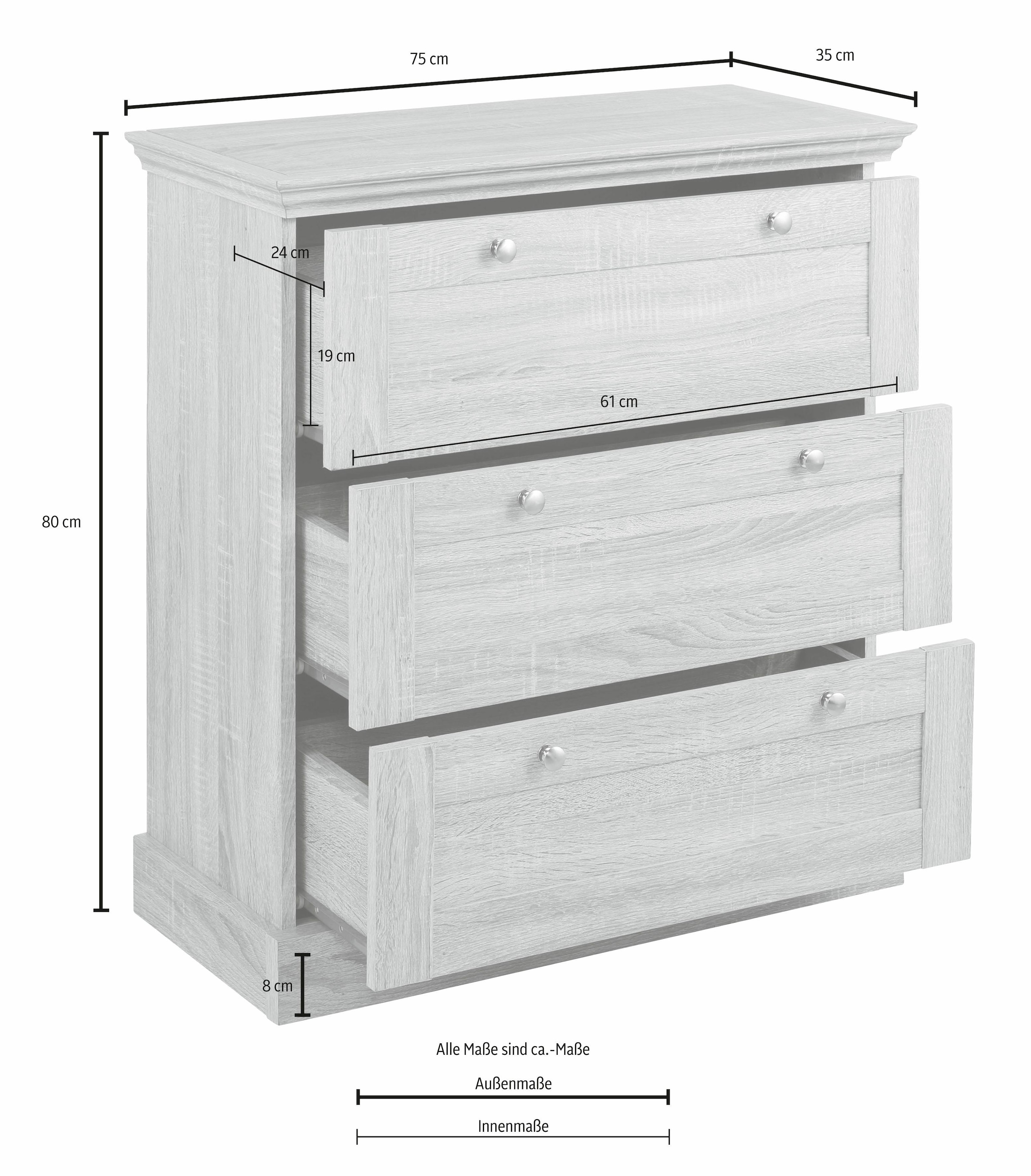 Home affaire Schubkastenkommode »Binz«, mit schönen Metallgriffen, 3 Schubladen, Breite 75 cm