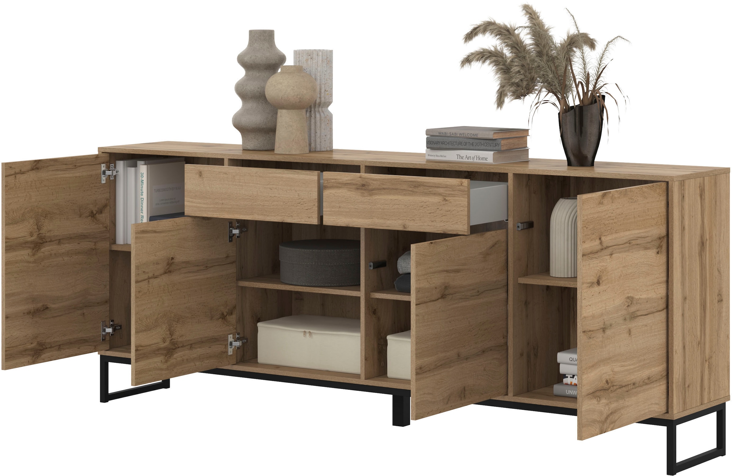OTTO home Sideboard »Loft, Breite 208,5 cm, grifflose Kommode 4 Türen/2 Schubkästen.« Schubladenschrank mit viel Stauraum, Einlegeböden verstellbar