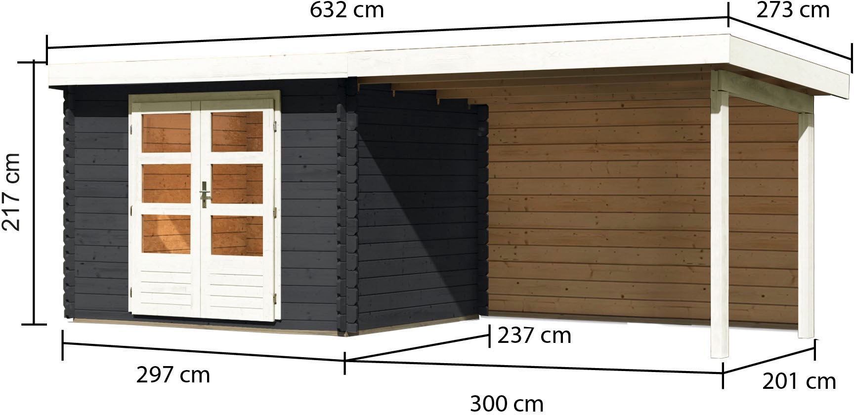 Karibu Gartenhaus »Schloßsee 3«, (Set), mit Anbaudach, Rückwand und Fußboden im Haus