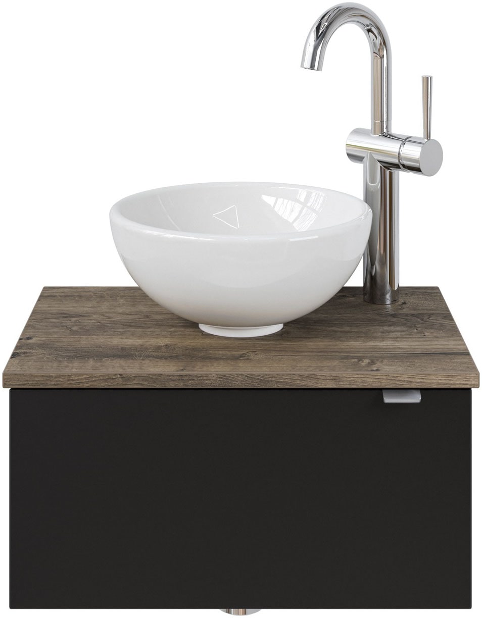 Saphir Waschtisch "Serie 6915 Waschschale mit Unterschrank für Gästebad, Gäste WC" Keramik-Aufsatzbecken, Waschtischplatte, Waschtischunterschrank, 3 Stk. tlg. 51 cm mit Keramik-Aufsatzbecken und 1 Tür
