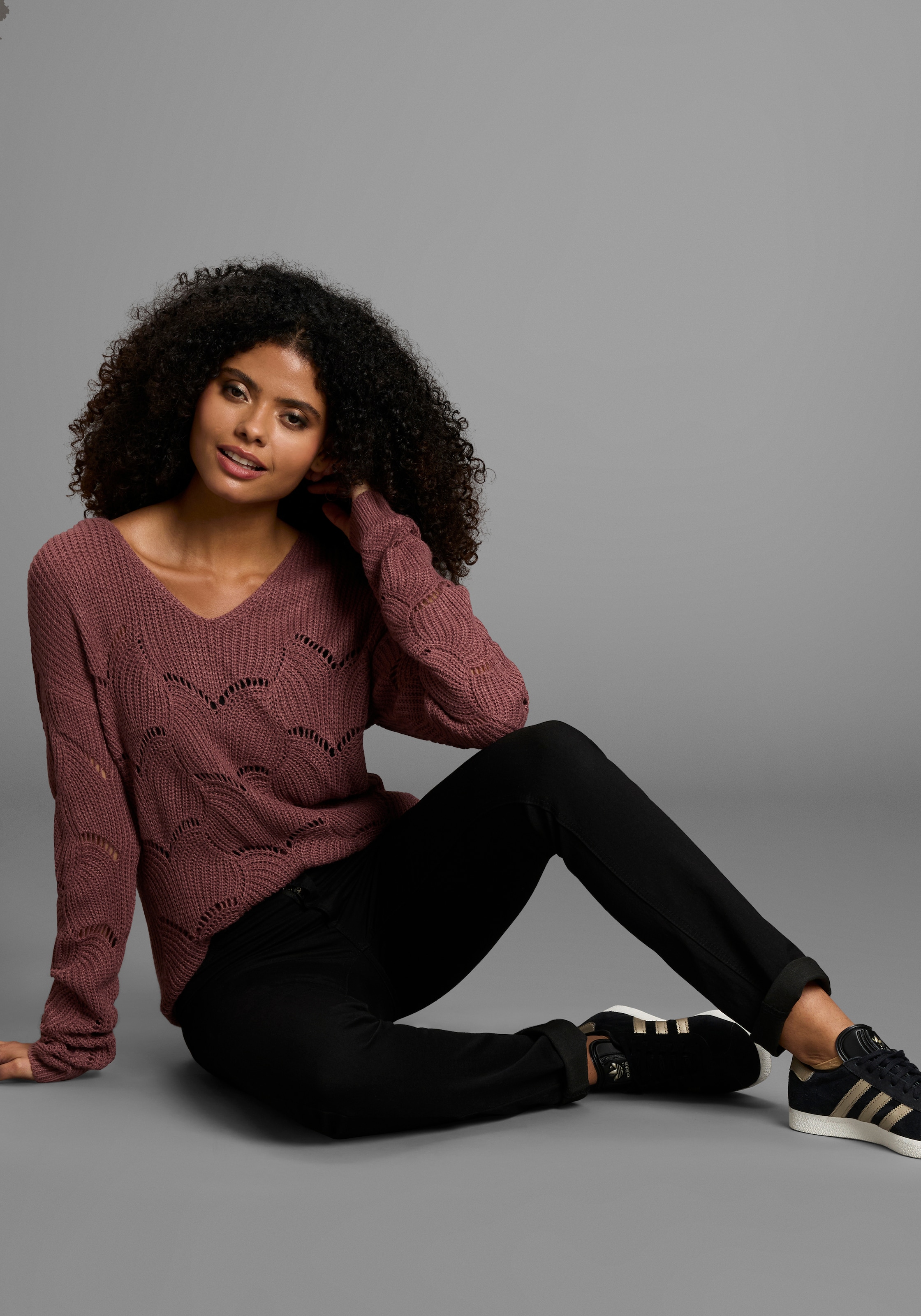 Laura Scott Strickpullover softer Übergangsstrick mit V-neck und trendy Ajourmuster