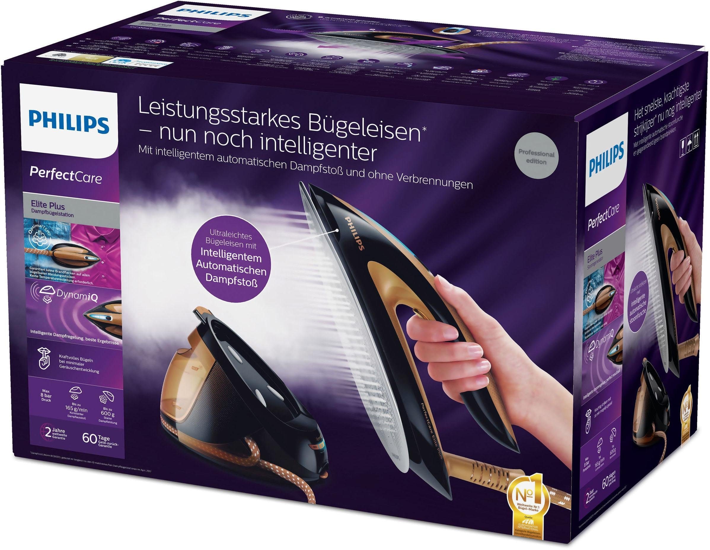 Philips Dampfbügelstation »GC9682/80 PerfectCare Elite Plus«, inkl. Bügelbrett GC221/98, T-IonicGlide Premium-Bügelsohle