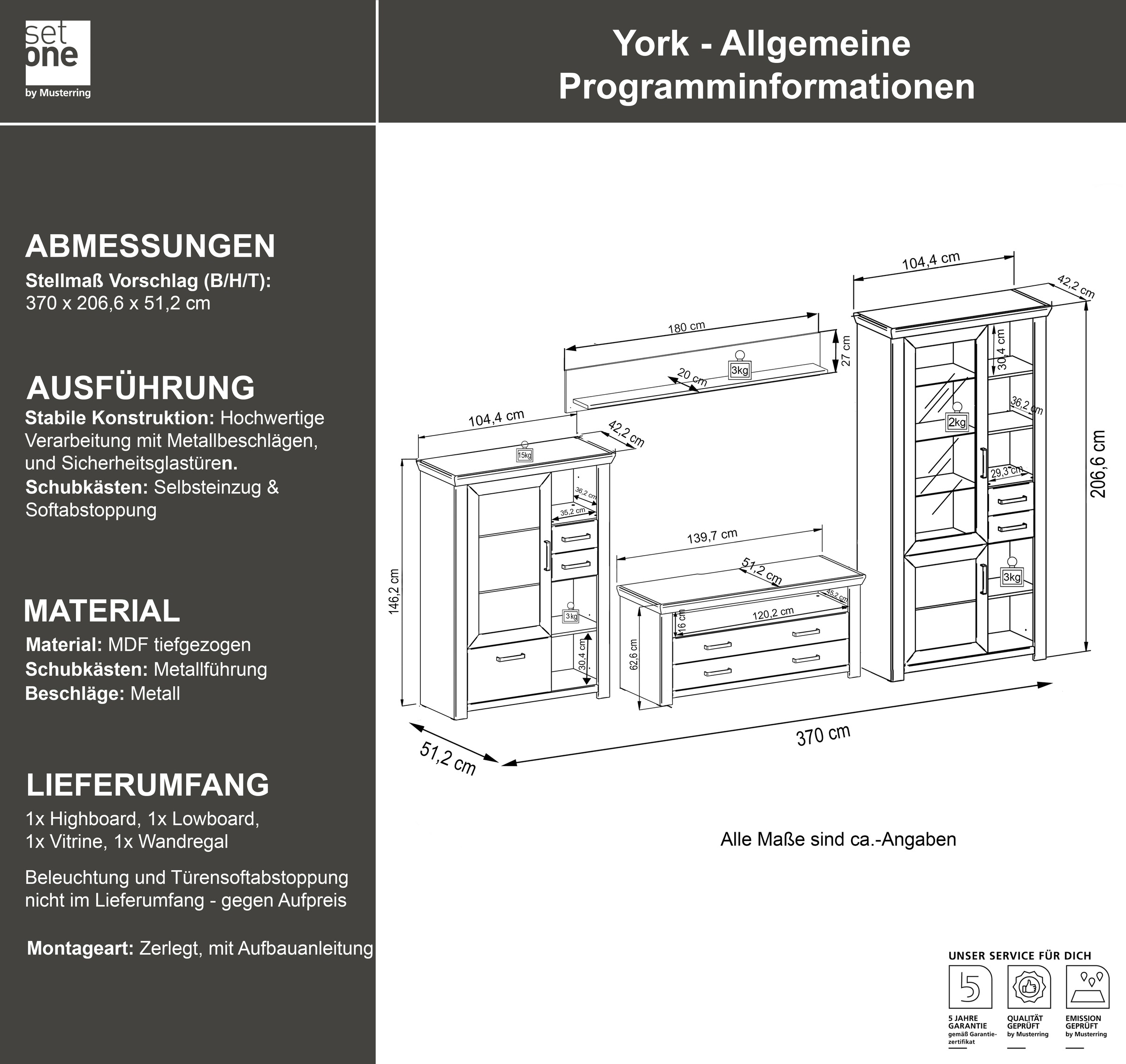 set one by Musterring Wohnwand »York«, (4 St.), Kombination mit 4 Teilen, in 3 Farbvarianten, Gesamtbreite 370 cm