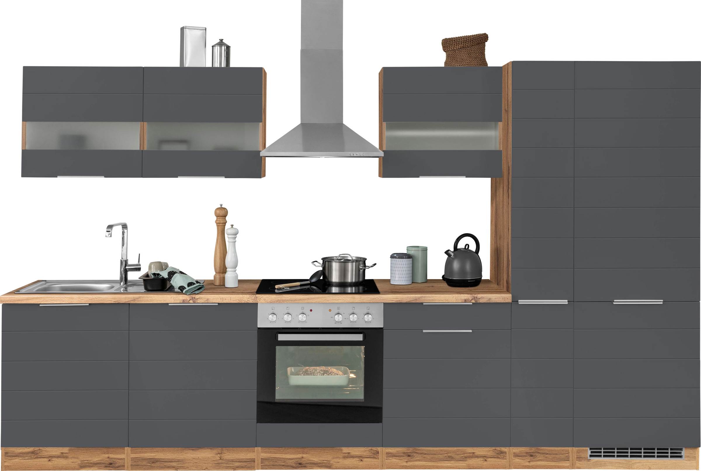 KOCHSTATION "KS-Luhe" 330 cm breit, wahlweise mit oder ohne E-Geräten, gefräste MDF-Fronten