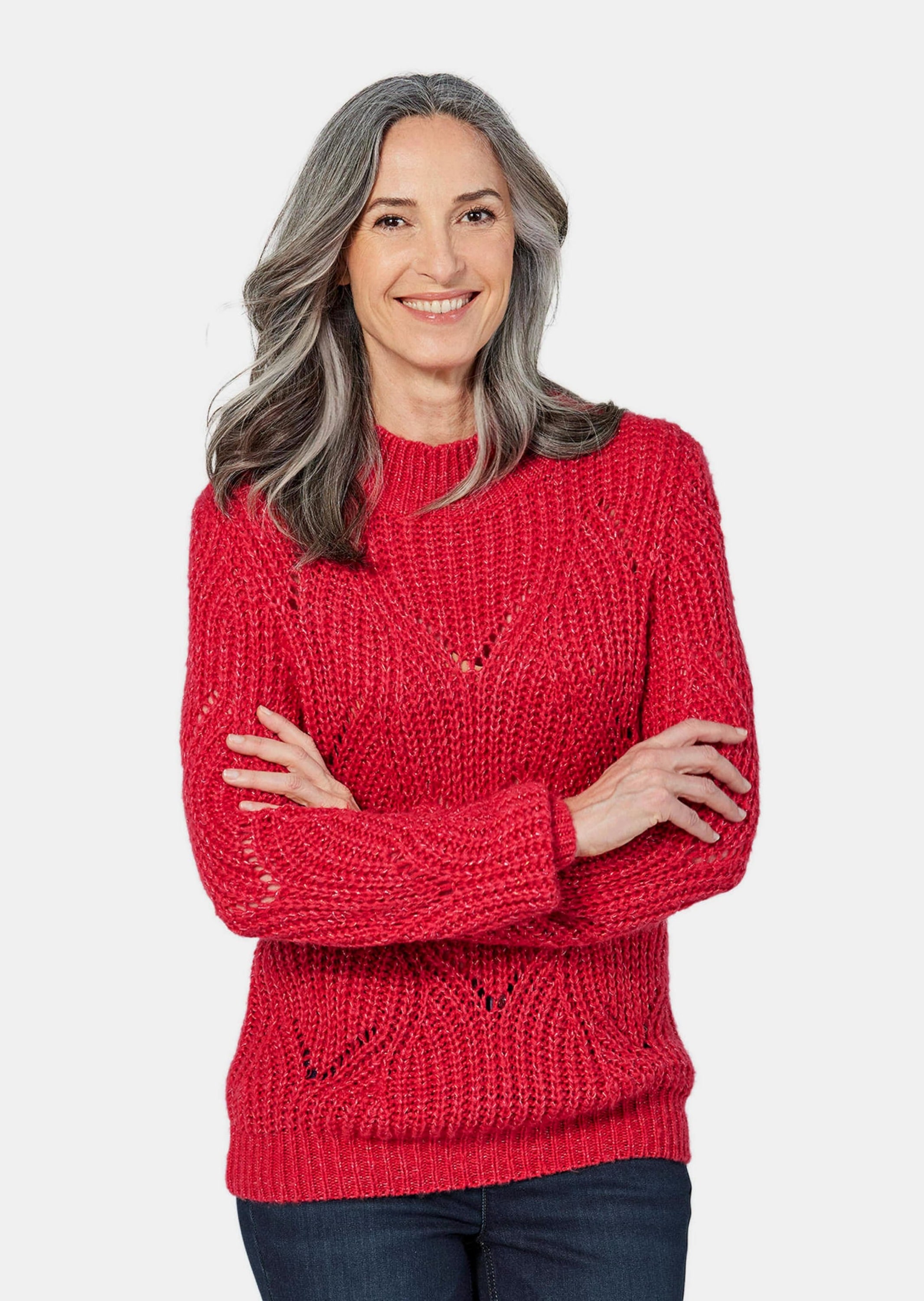 GOLDNER Rundhalspullover »Kurzgröße Strickpullover mit Ajourmuster«