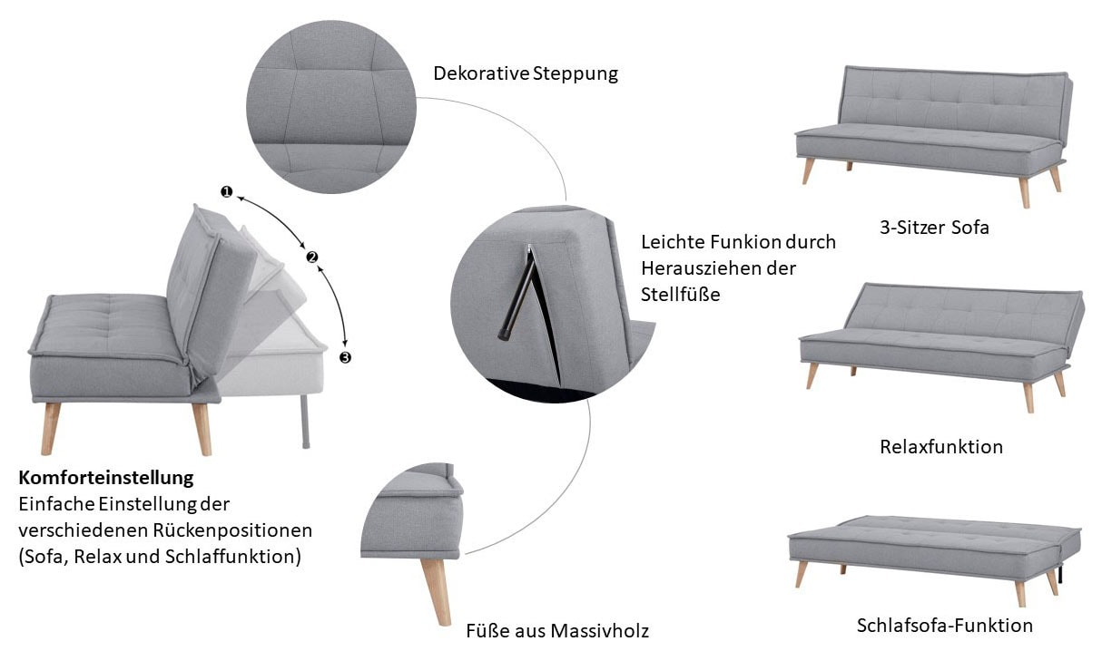 INOSIGN Schlafsofa »MENDOTA, 181 cm, 3-Sitzer mit Schlaffunktion,«, verstellbarer Rückenlehne, Klappmechanismus, Webstoff