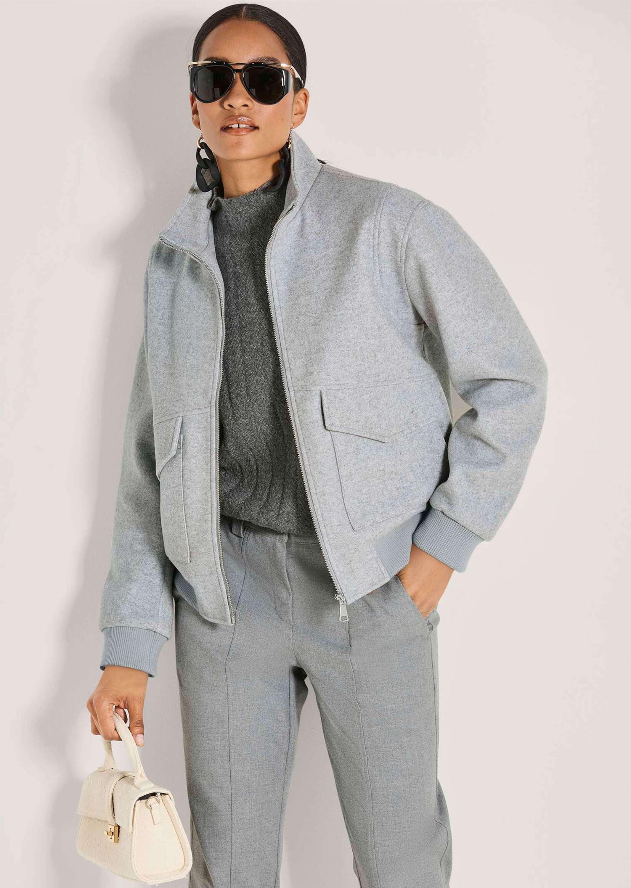 MADELEINE Kurzjacke »Blousonjacke Eleganter Damenblouson mit Melange-Optik« überschnitte Schulter, Strickbündchen an Arm und Saum