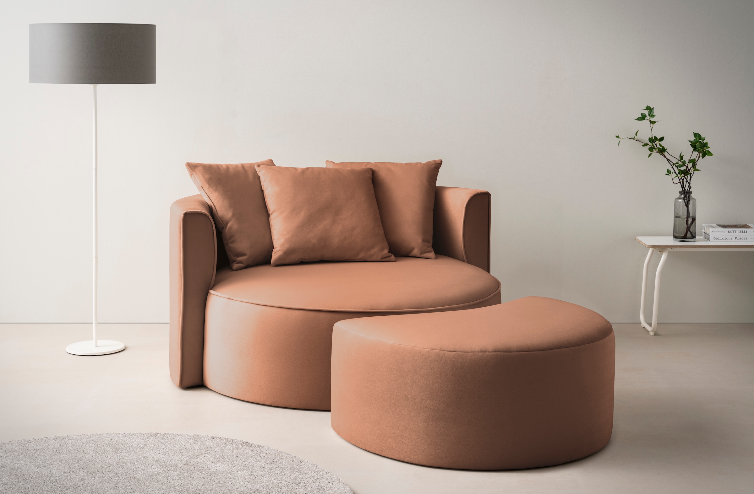 LeGer Home by Lena Gercke XXL-Sessel »Isalie, Rundsessel mit Hocker, Lesesessel, Loveseat, Big-Sessel«, (Set), trendige Stoffe, mit 3 Zierkissen, große Sitzfläche