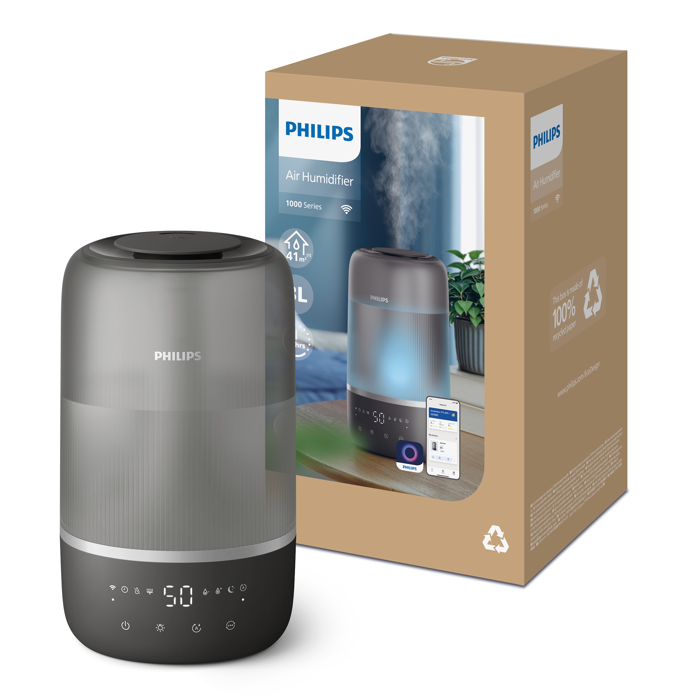 Philips Luftbefeuchter »HU1510 1000 Series, ultraschall«, 3 l Wassertank, für 41 m² Räume, mit Aroma-Diffusor, Stimmungslicht, App verbunden