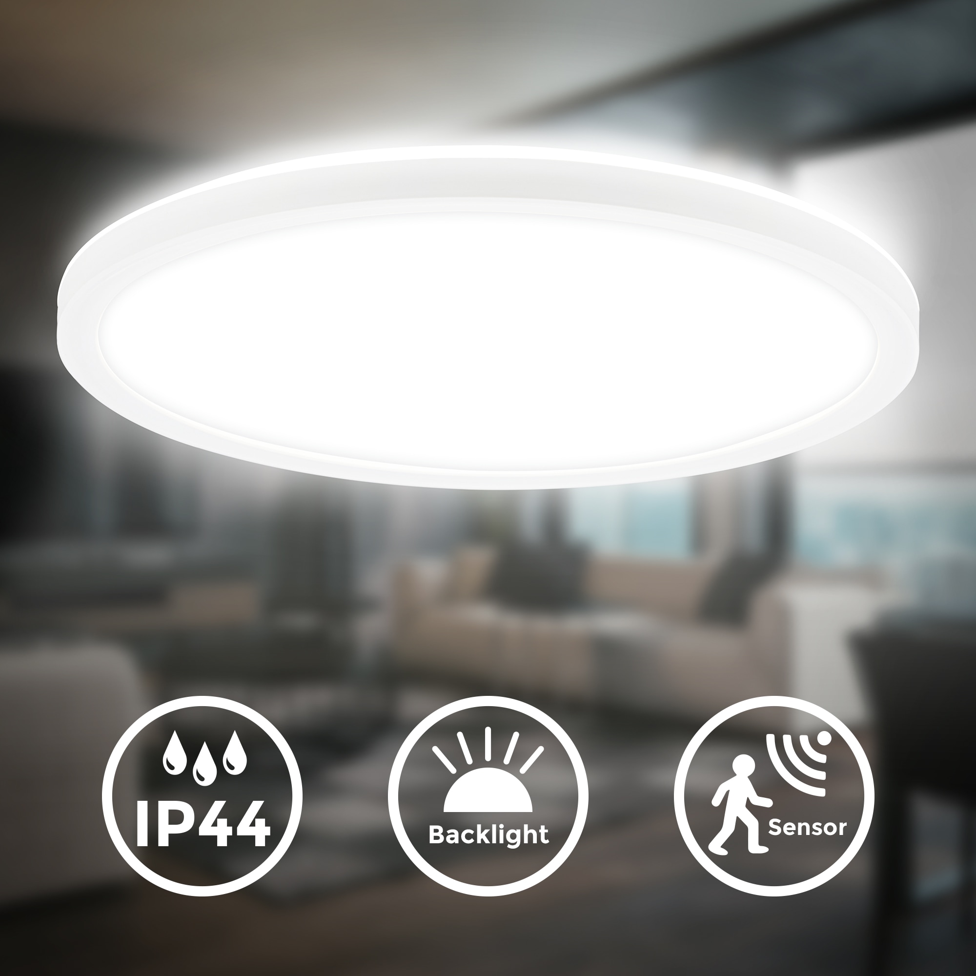 B.K.Licht LED Deckenleuchte »BKL1604 Ultraflache LED Badleuchte, mit Microwavesensor, IP44« LED-Modul 1 Stk. Neutralweiß 4.000K, 2.400 Lm, 18W, indirekte Hintergrundbeleuchtung, ⌀29cm, Weiß