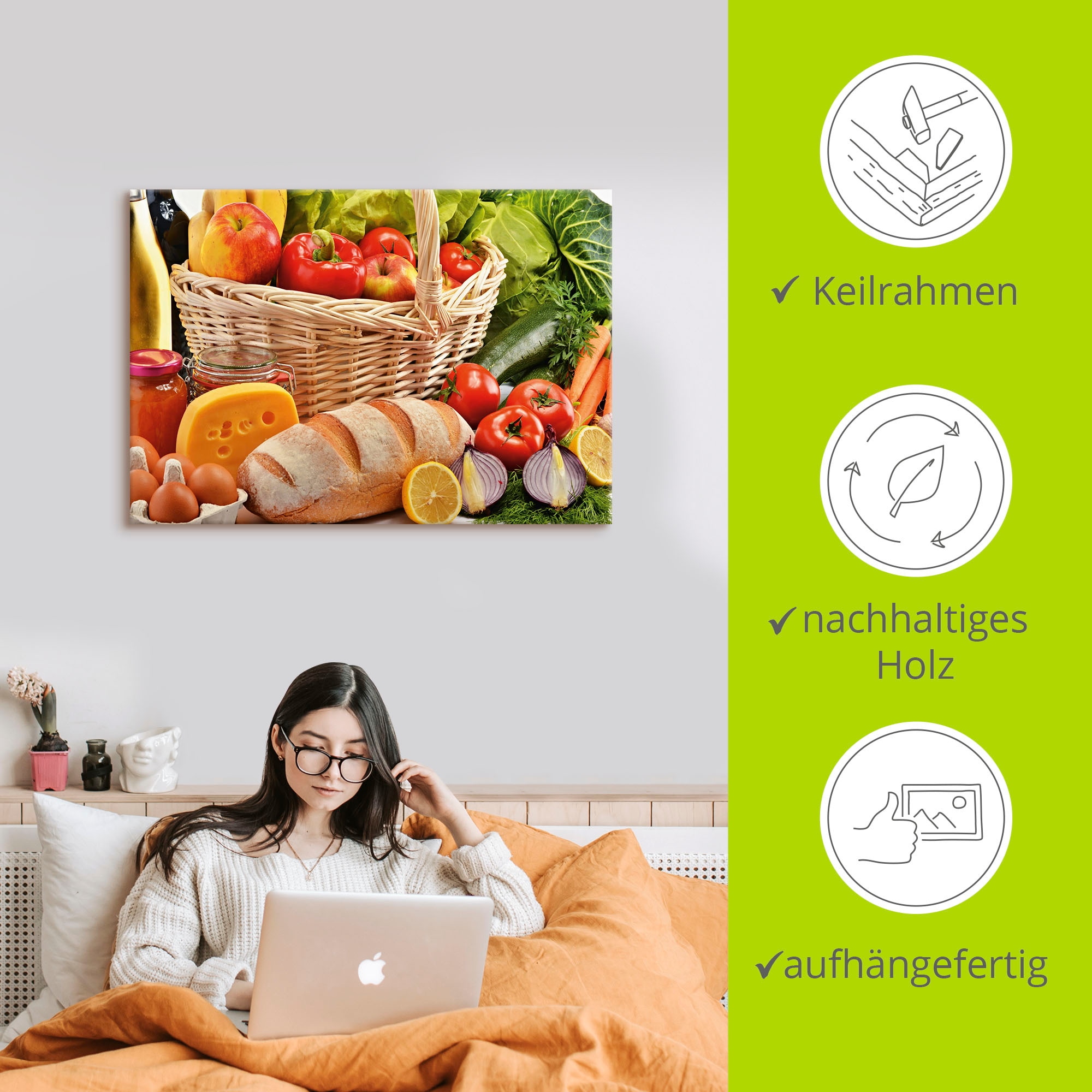 Artland Wandbild »Gesund Leben - Obst und Gemüsekorb«, Lebensmittel, (1 St.), als Alubild, Leinwandbild, Wandaufkleber oder Poster in versch. Größen