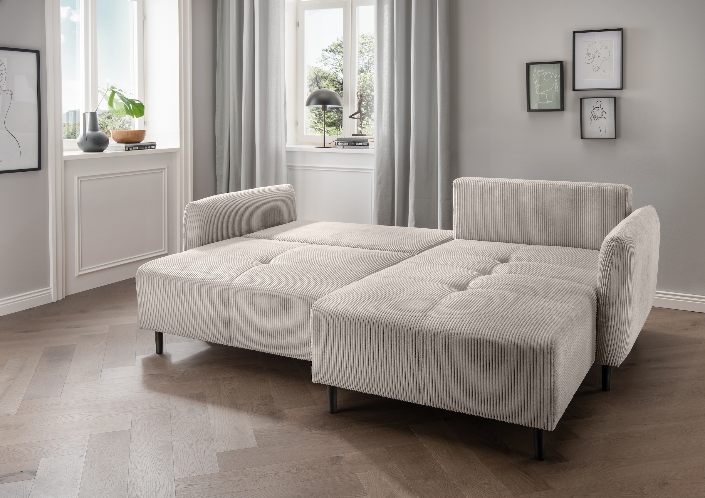 INOSIGN Ecksofa »Mara, L-Form, aktueller Cord Bezug und tolle Farben, schmale Armlehnen«, whlw. mit Bettfunktion,Recamiere links/rechts montierbar, Breite 238cm