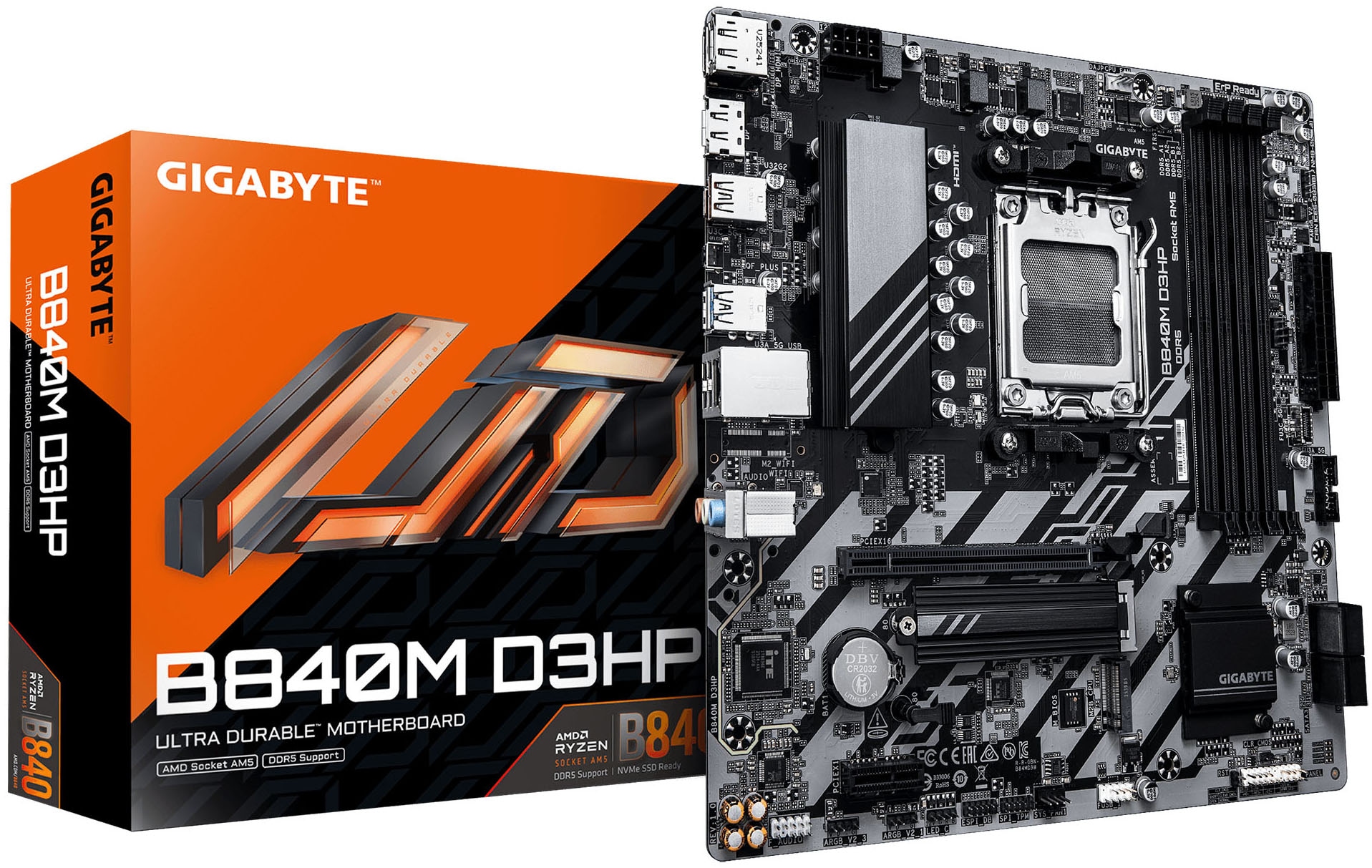 GIGABYTE B840M D3HP Mainboard – AMD Ryzen 9000 CPUs, 8+2+2-Phasen-VRM, bis zu 8200 MHz DDR5 (O.C.), 2× PCIe-4.0-M.2, 1-GbE-LAN, USB 3.2 Gen 2