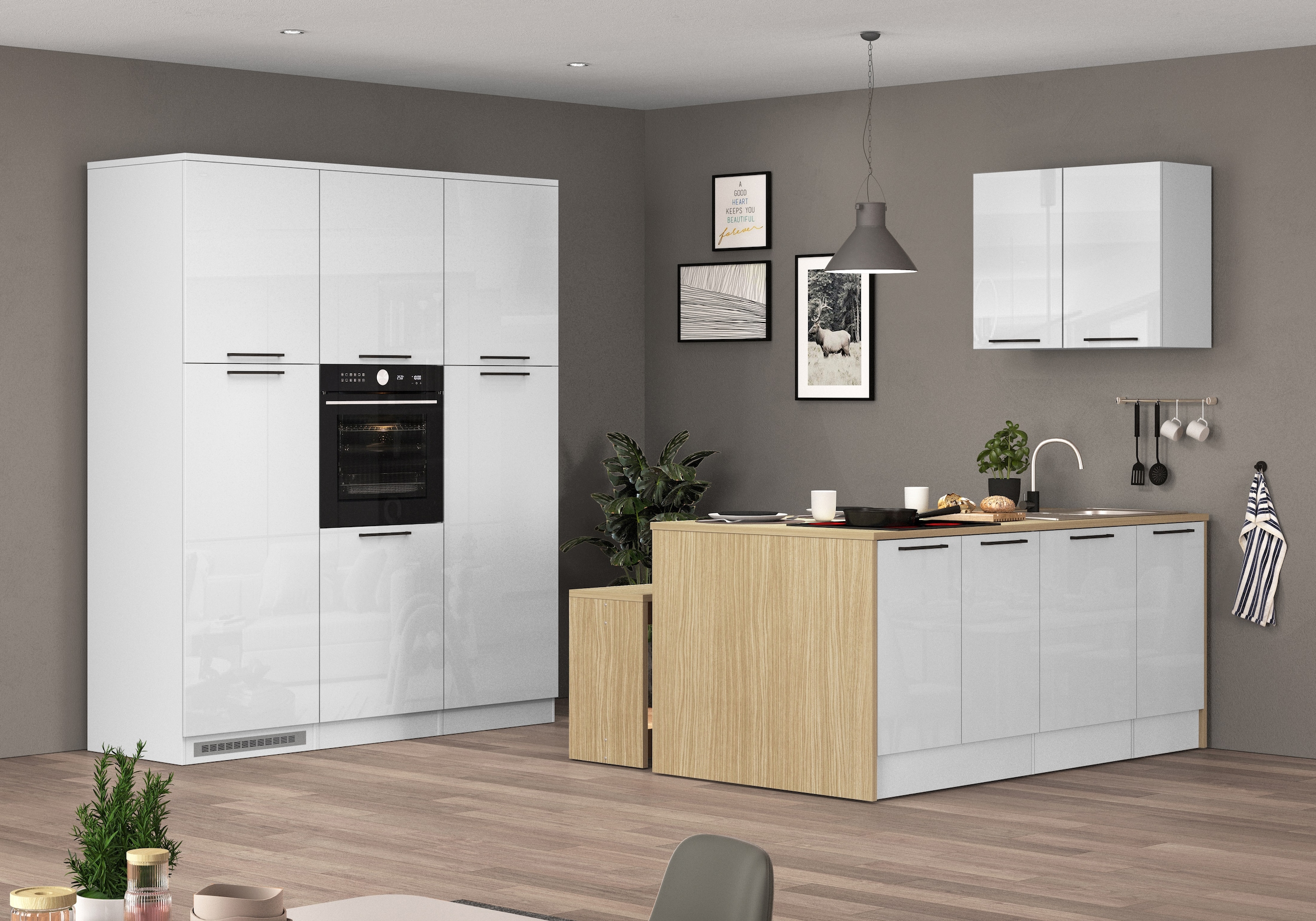 KOCHSTATION Küchenzeile »Luna, Küchenblock, Kücheninsel, Hängeschrank, Made in Italy« 3er-Set, Metallgriffe, Soft-Close-Funktion, inklusive Spüle