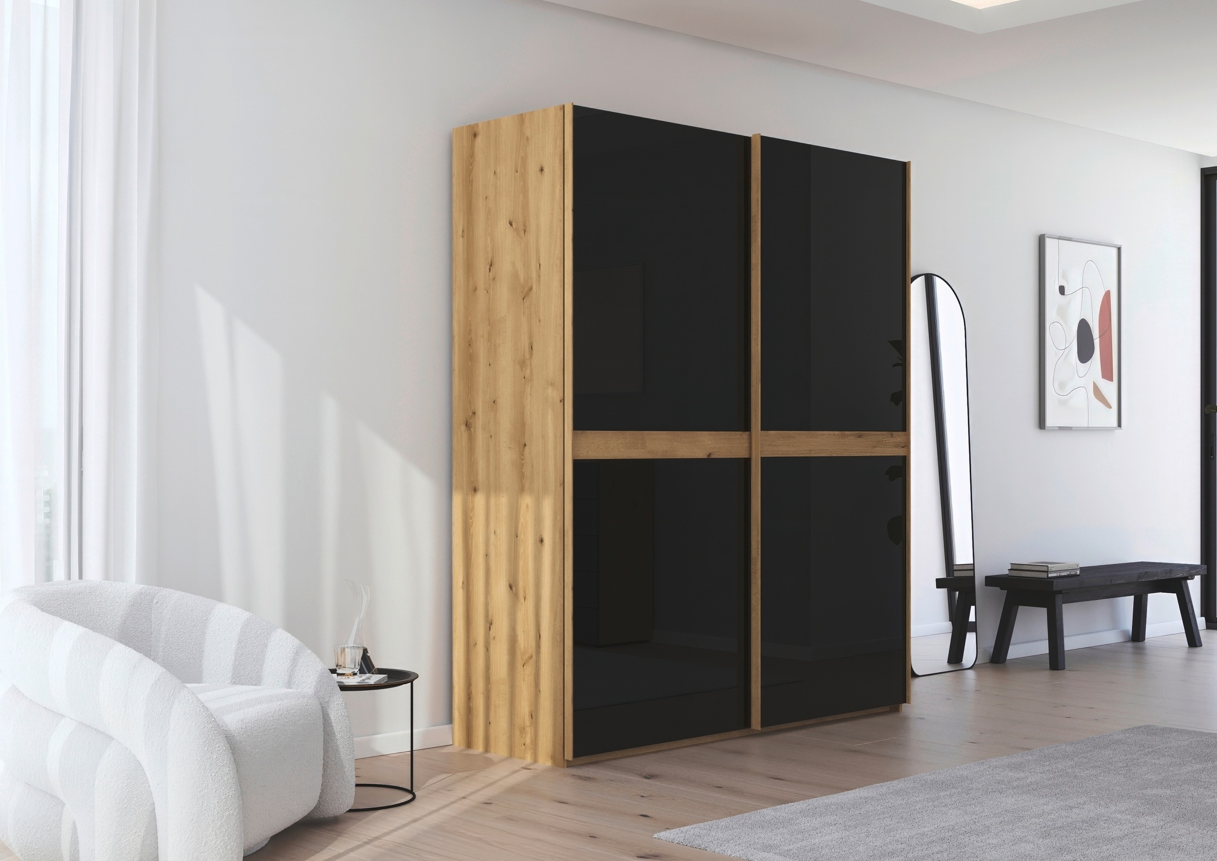 rauch Schwebetürenschrank »Kleiderschrank Schrank Garderobe Schlafzimmerschrank SCALE-LINE«, edle Optik mit Bauchbinde in Korpusfarbe mit Glasfront MADE IN GERMANY