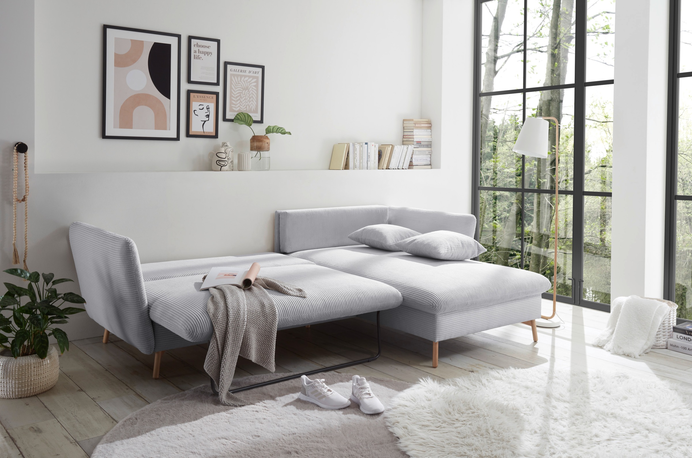 andas Ecksofa »MERLE, 258 cm, L-Form, traumhafter Cord,«, mit Bettfunktion und Bettkasten, Liegefläche 224 x 139