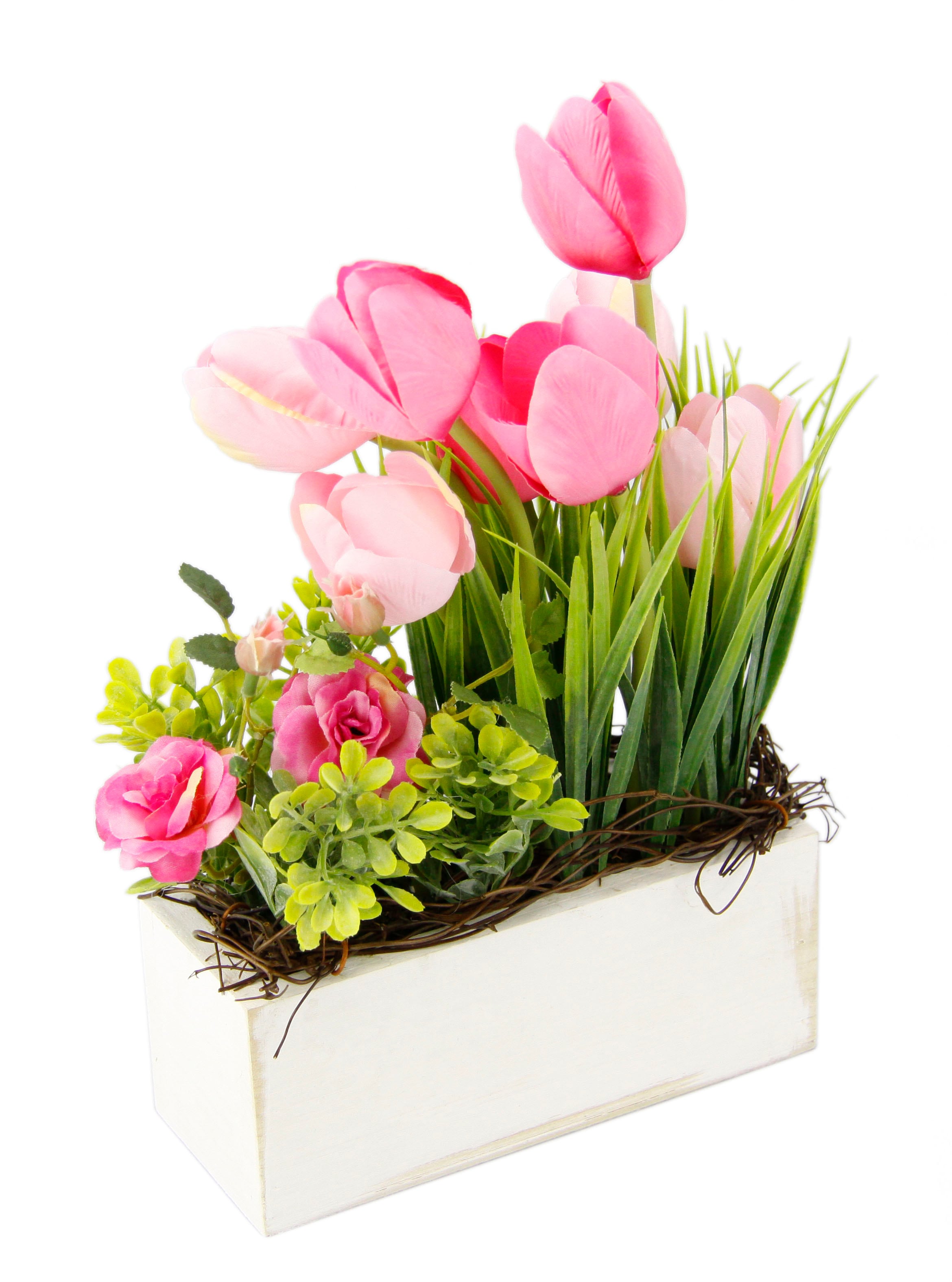 Gestecke »Tulpen Wildrosen und Gras«, Im Topf, aus Holz, Blumendeko