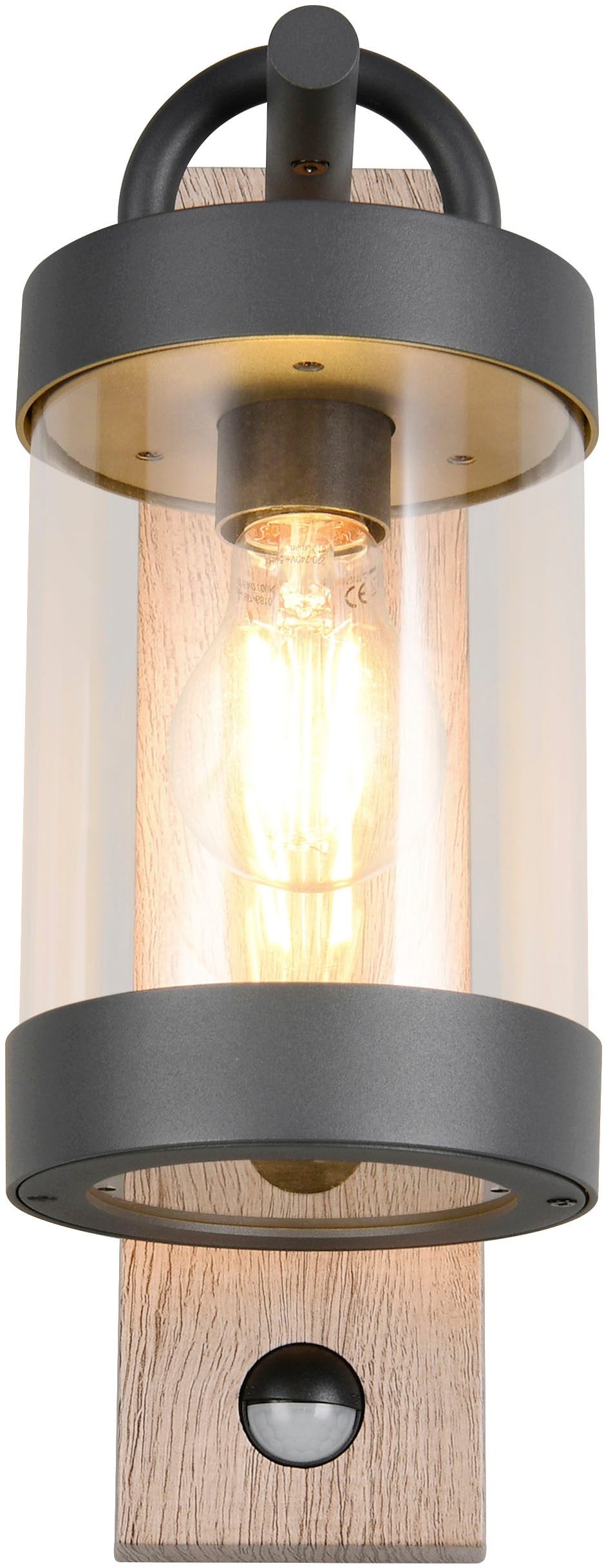 TRIO Leuchten Außen-Wandleuchte »SAMBESI, Laternen Optik Hauswand, exkl 1x E27 max 28W Bewegungsmelder« E27 1 Stk. warmweiß - kaltweiß Fassadenbeleuchtung aus Alu Druckguss, Rückenplatte Holz Nachbildung