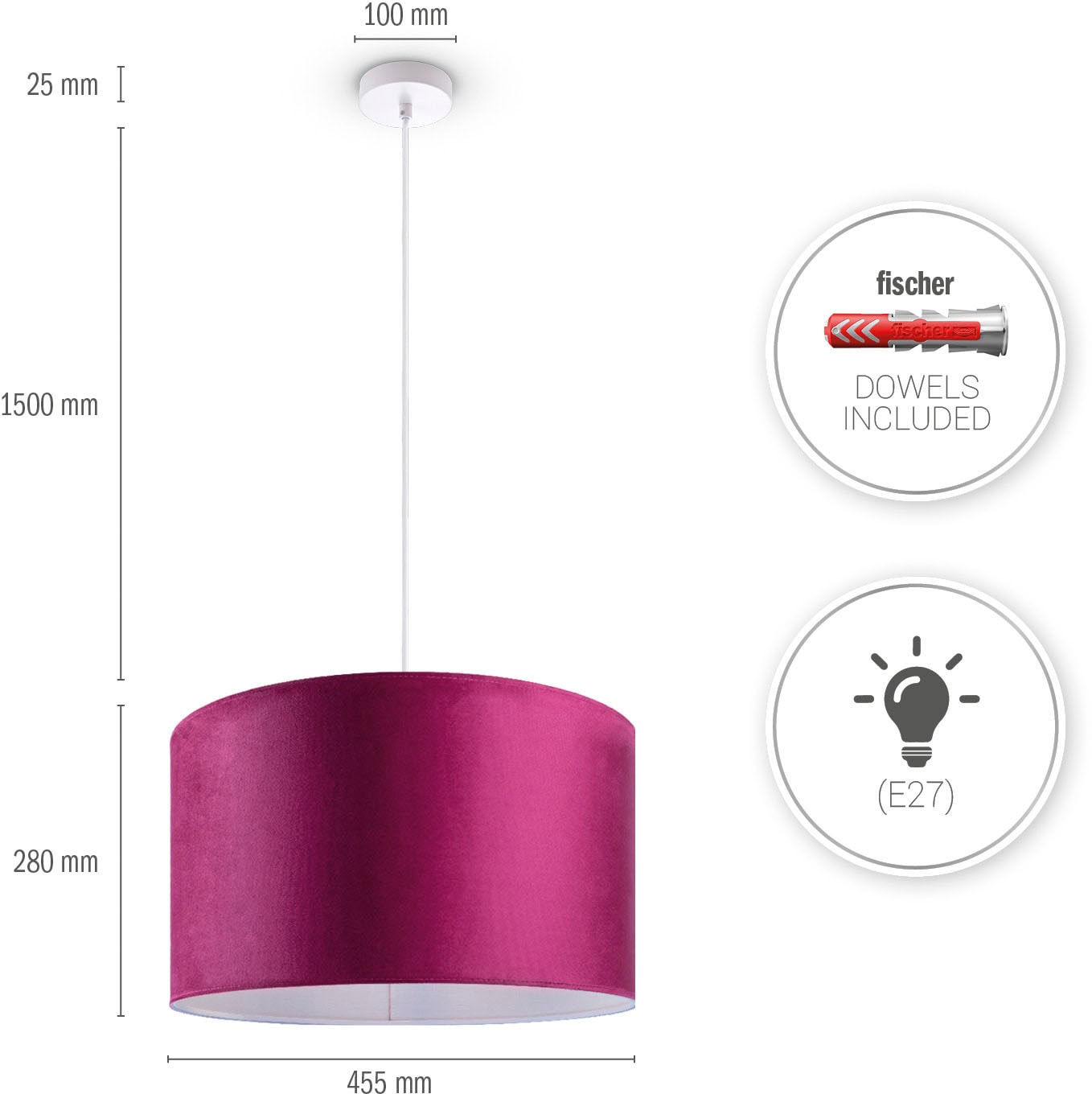 Paco Home Pendelleuchte »Hugo uni Color« E27 Wohnzimmer Lampenschirm aus Velour Unifarben Deko E27 Kabel 1,5m