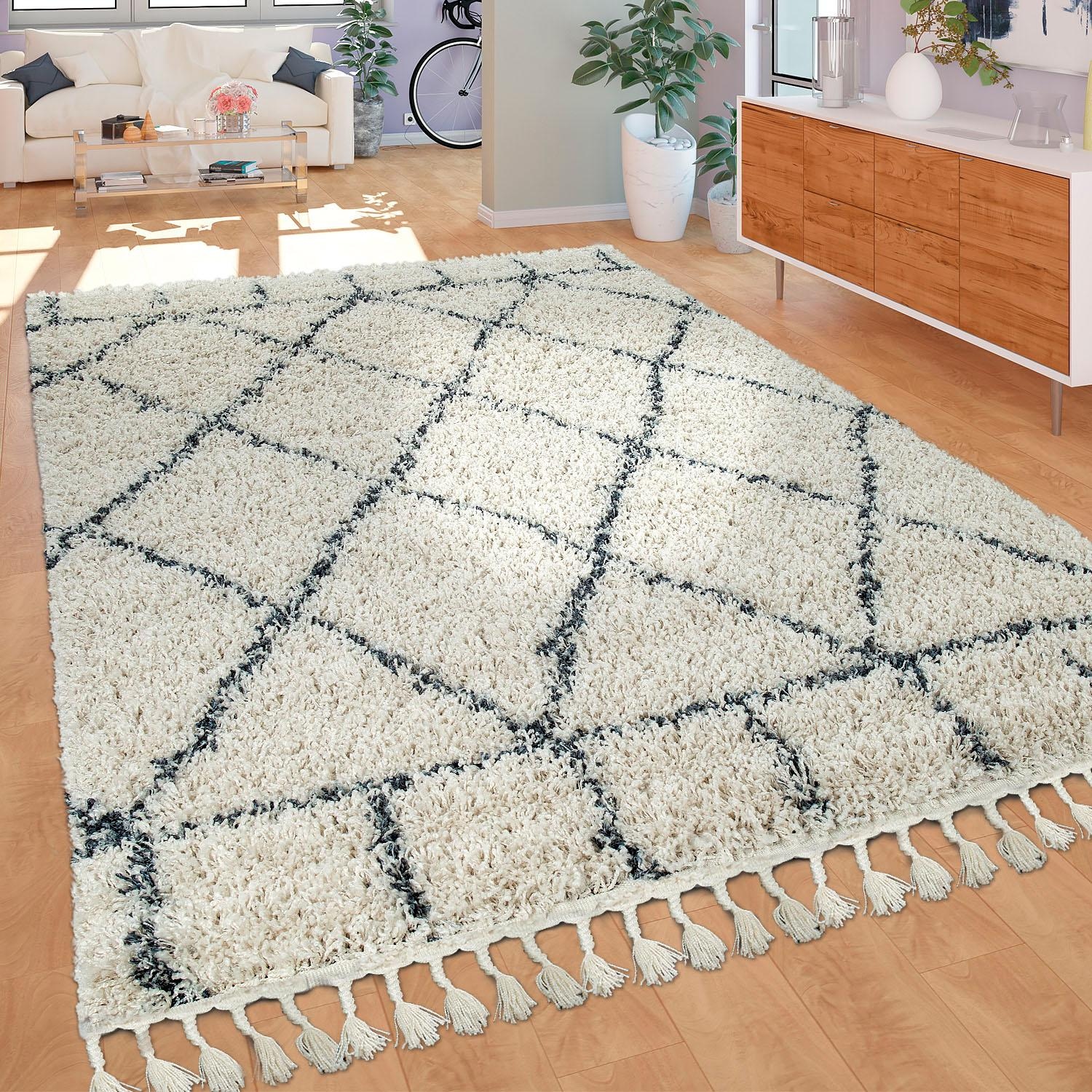 Paco Home Hochflor-Teppich »Nador 755«, rechteckig, 54 mm Höhe, weicher Shaggy mit Rauten Design und Fransen