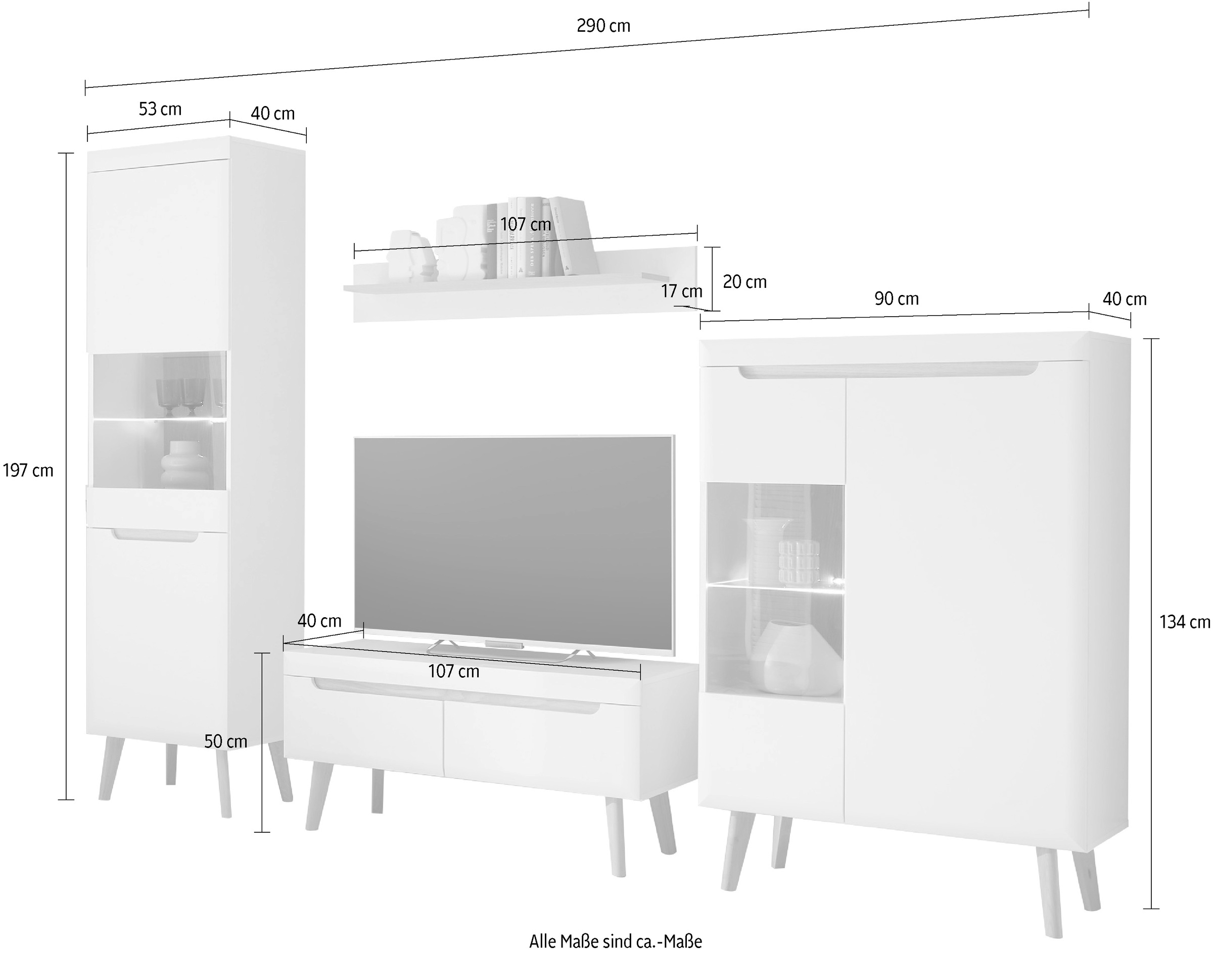 INOSIGN Wohnwand »Torge, Anbauwand, Schrankwand, Mediawand, Wohnzimmer-Set«, (Set, 4 St.), enthält 2 Vitrinen, 1 Lowboard + 1 Wandboard, 290 cm breit
