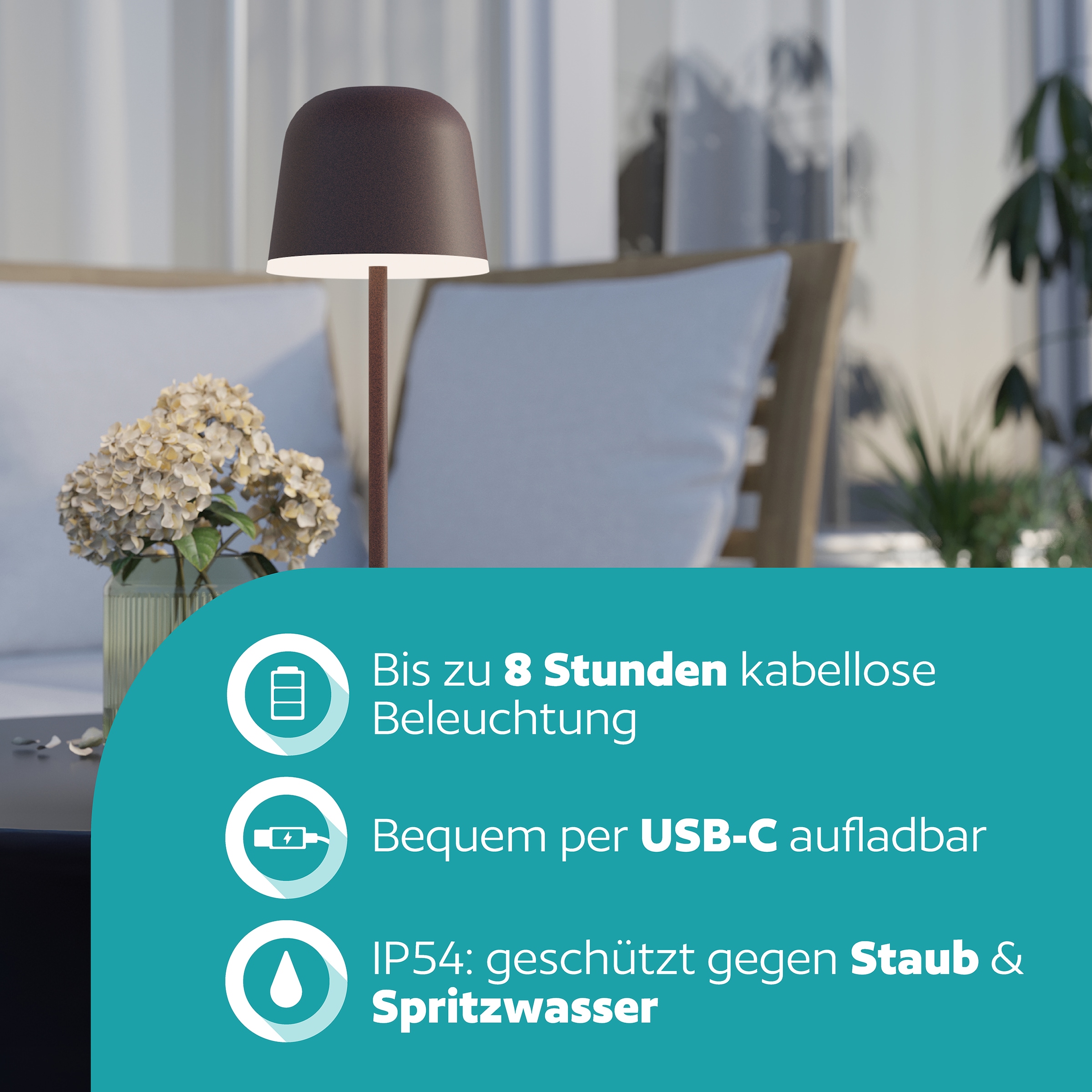 EGLO Tischleuchte »MANNERA« LED-Modul 1 Stk. Warmweiß Nachttischlampe Touch dimmbar, kabellos, Tischleuchte, USB-Port, IP54