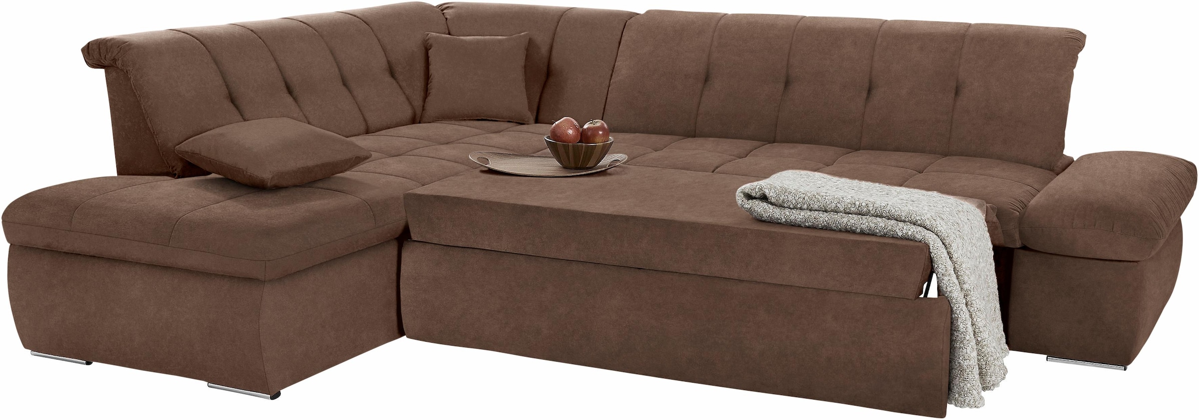 DOMO collection Ecksofa »NMoric incl. Zierkissen B/T/H: 273/216/80 cm L-Form«, Ottomanen-Abschluss, wahlweise mit Bettfunktion und Armlehnverstellung