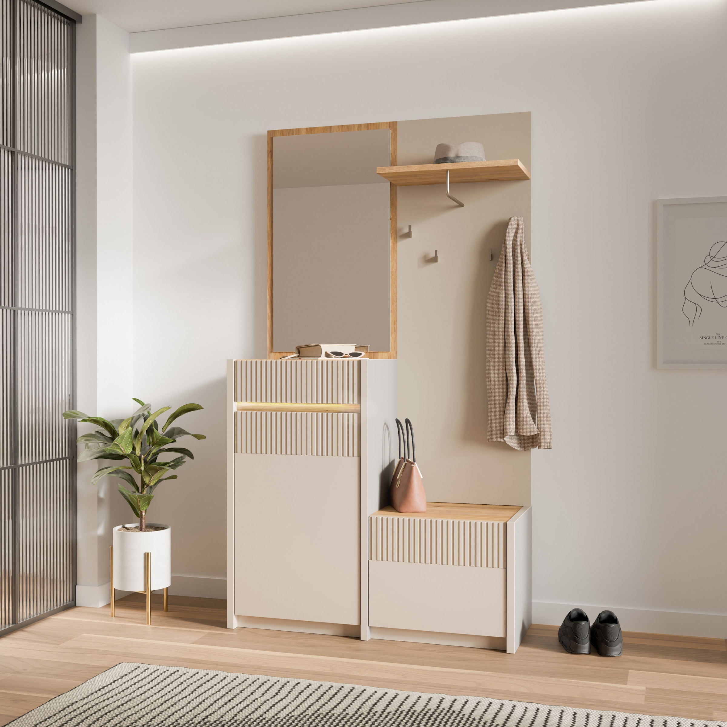 FORTE Kompaktgarderobe »Oak Squere«, B/H/T 108,4 /195,9/41,7 cm Spiegel, Haken, Kleiderstange