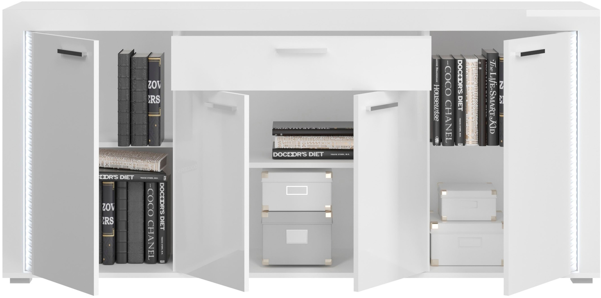 INOSIGN Sideboard »Viborg, Breite 182cm, inkl. vertikaler Frontbeleuchtung«, 4 Türen, 3 Einlegeböden, 6 Fächer, 1 Schubkasten, Anrichte, Schrank