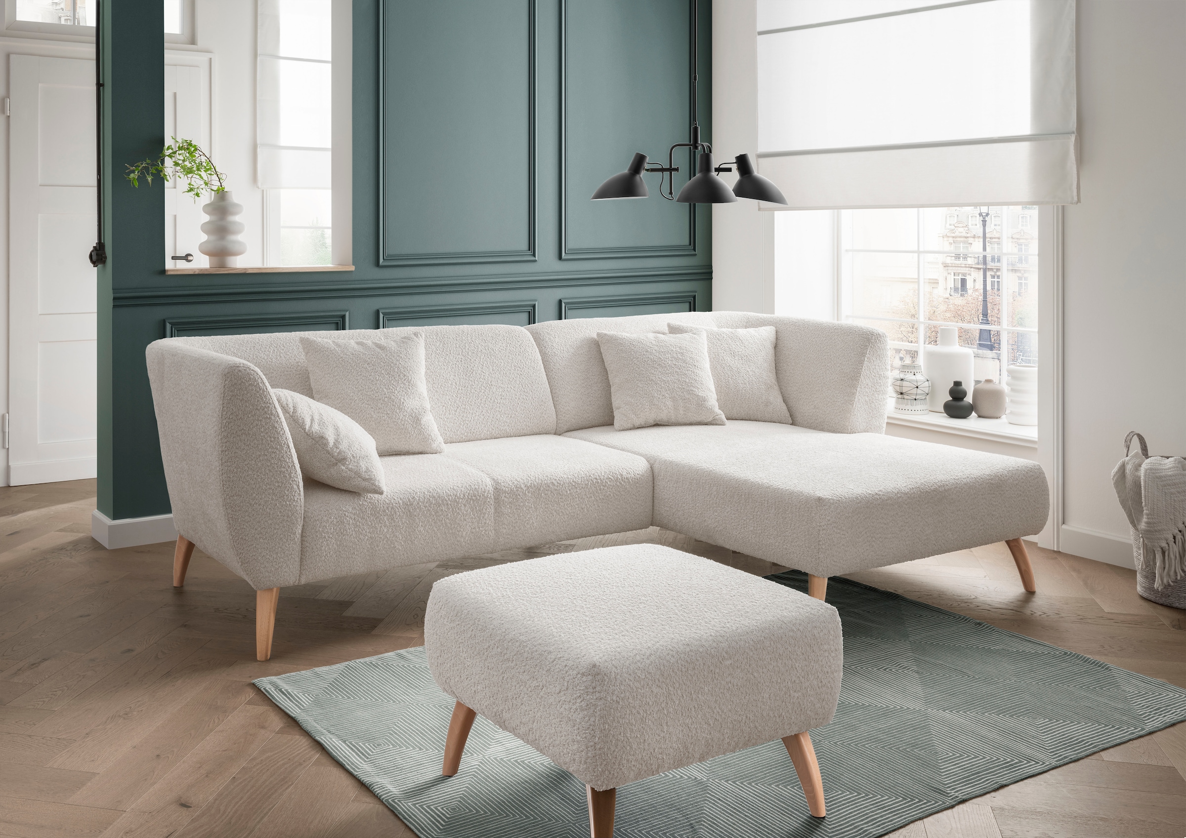 INOSIGN Polsterhocker »Colori«, Holzfußfarbe wählbar, verschiedene Stoffe, hochwertige Stoffqualität