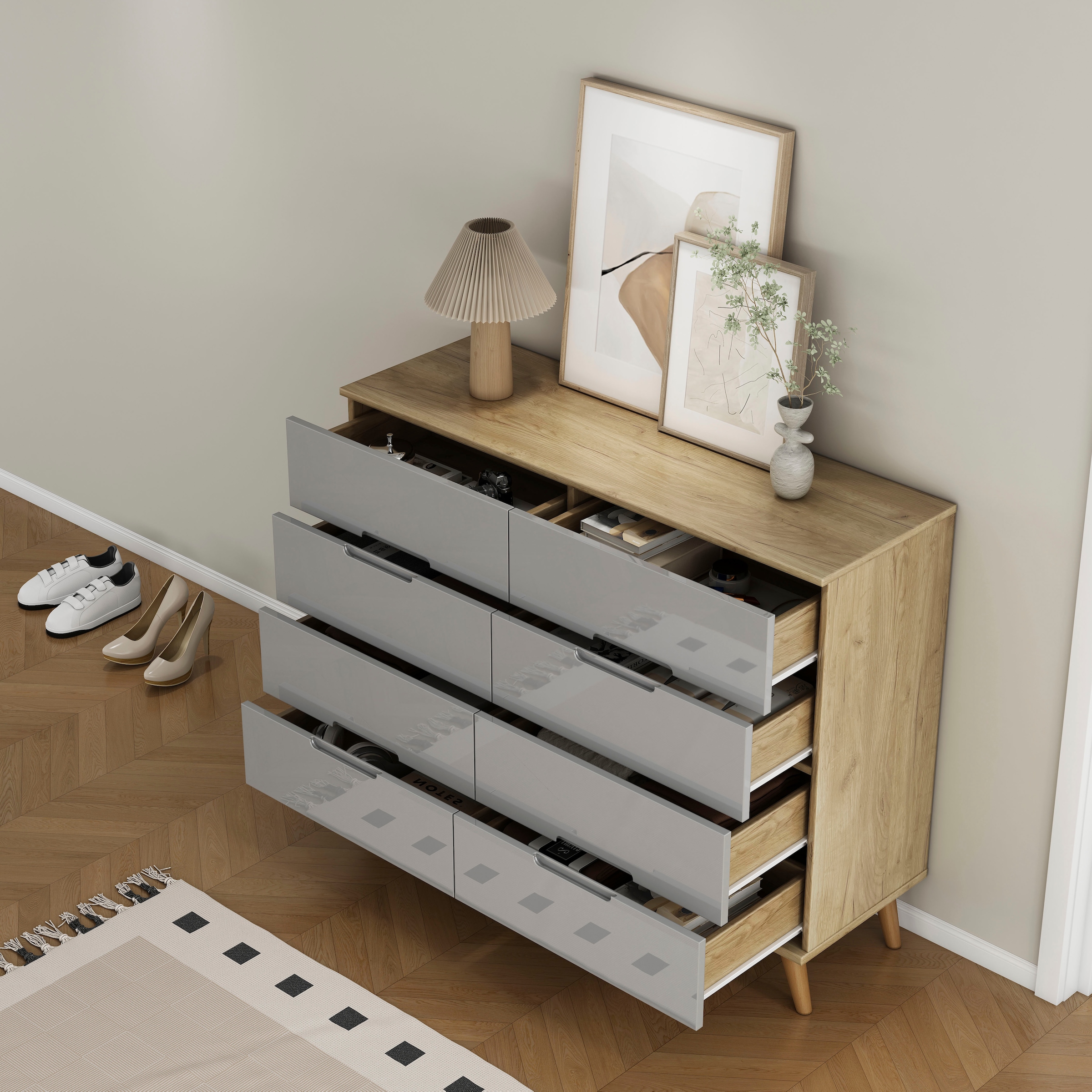 OTTO home Kommode »Lund« mit glänzenden Fronten, Griffmulden, helles Holzdekor, Breite 120 cm