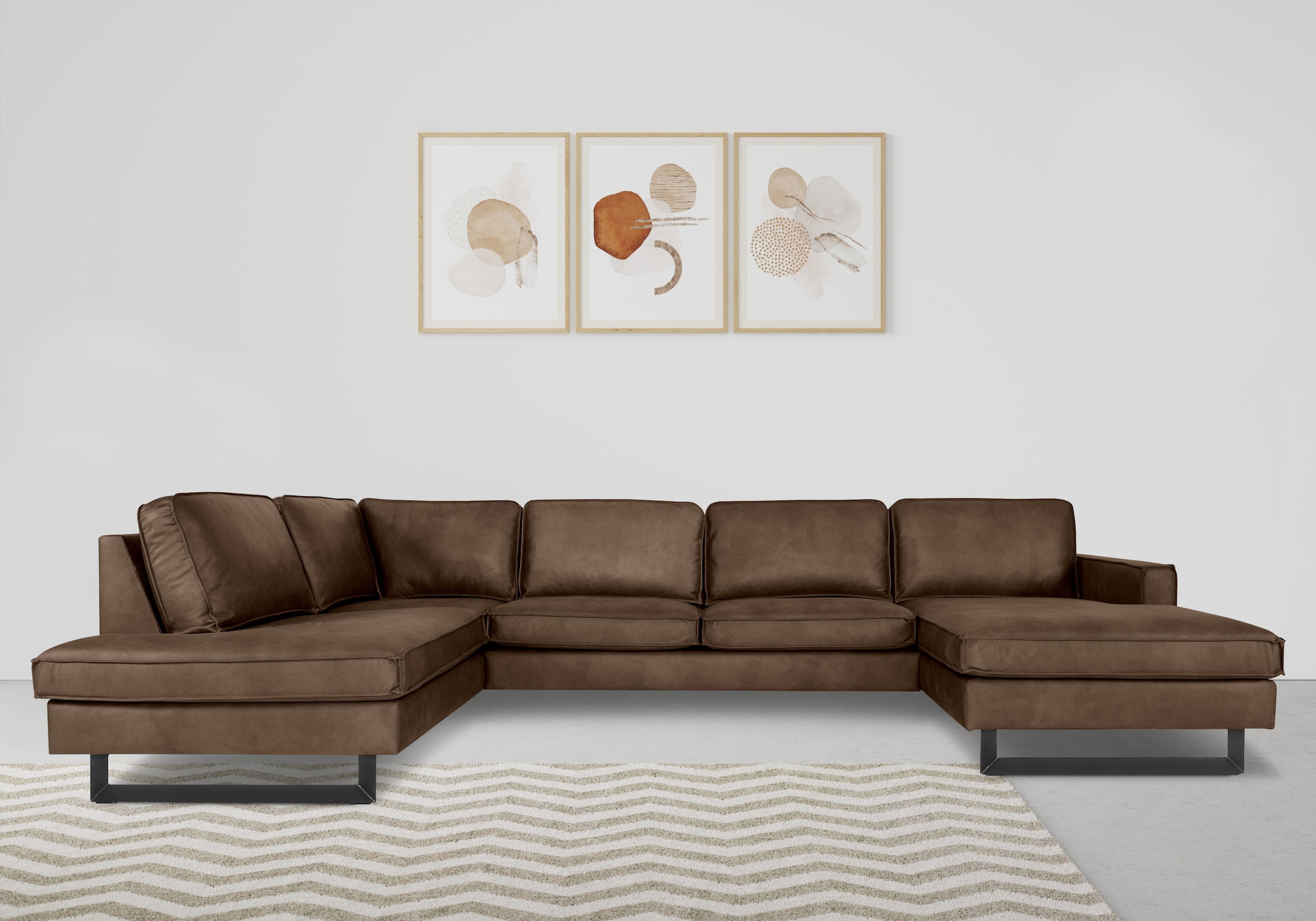 Places of Style Wohnlandschaft »Pinto, 350 cm, U-Form, XXL, mit Ottomanen«, Cord, Chenille, Lederoptik, mit Keder, Metallfüße, Wellenunterfederung