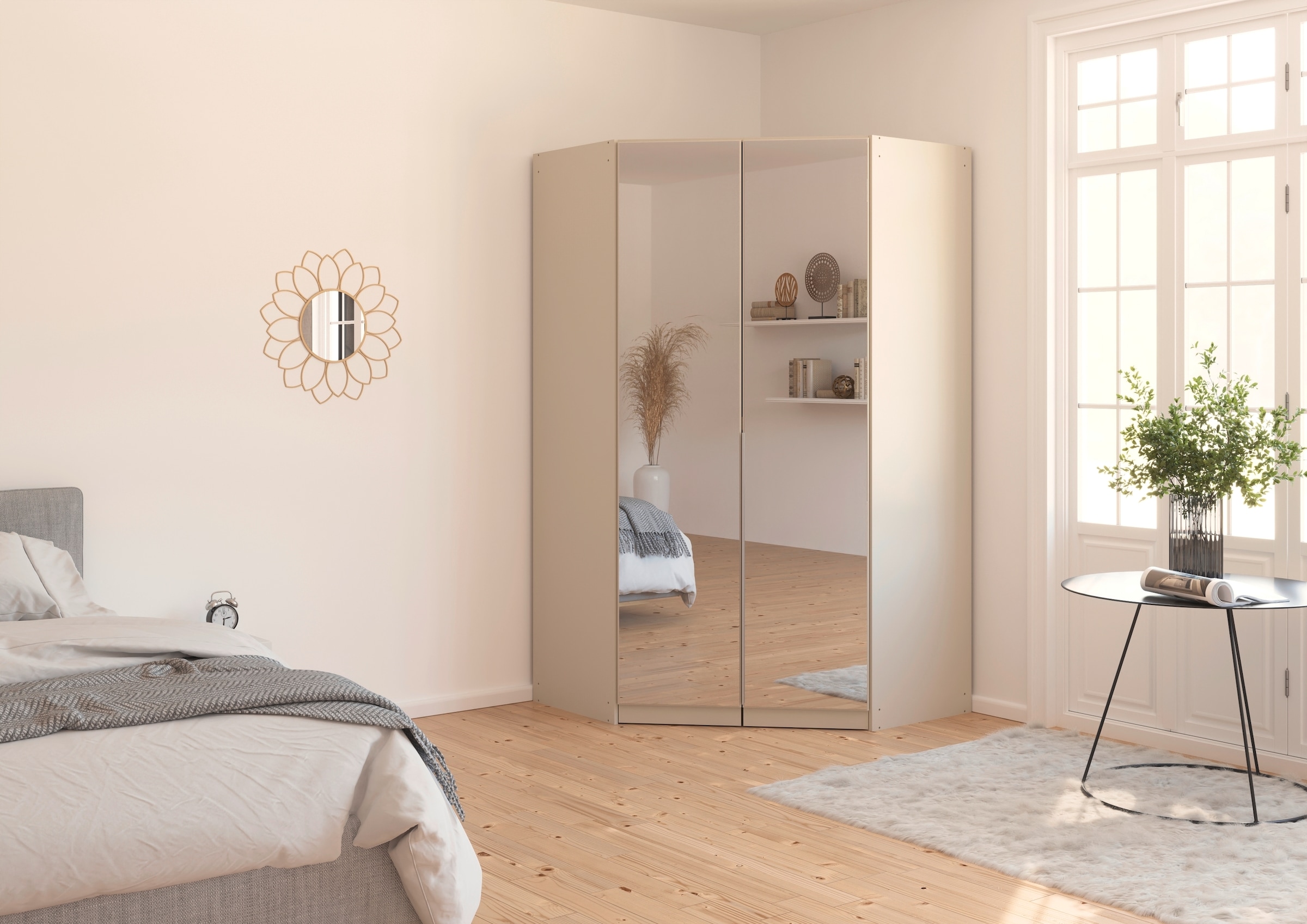 rauch Eckkleiderschrank »Kleiderschrank Schrank Ankleidezimmer Schlafzimmer Garderobe AGORDO«, (in zwei Griff-Farben), mit Spiegeltüren, voll ausgestattet mit viel Stauraum MADE IN GERMANY