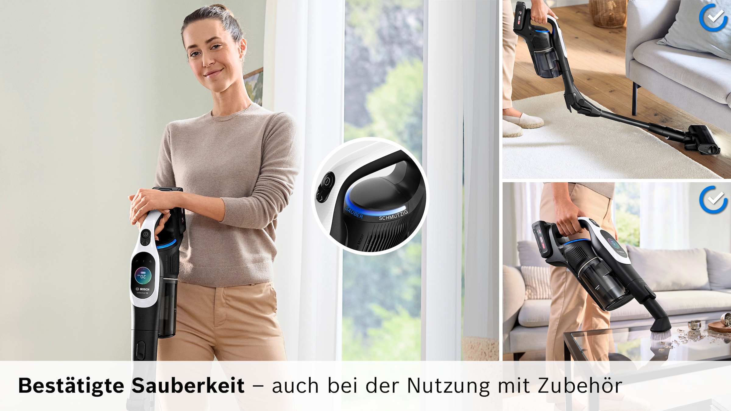 BOSCH Akku-Stielstaubsauger »Unlimited 10 BTS1042WAC, MicroClean™ Technology, 10 J. Motorgarantie« Display, Knickrohr, HEPA-Filtersystem, Schnellladegerät, 2 Akkus, weiß