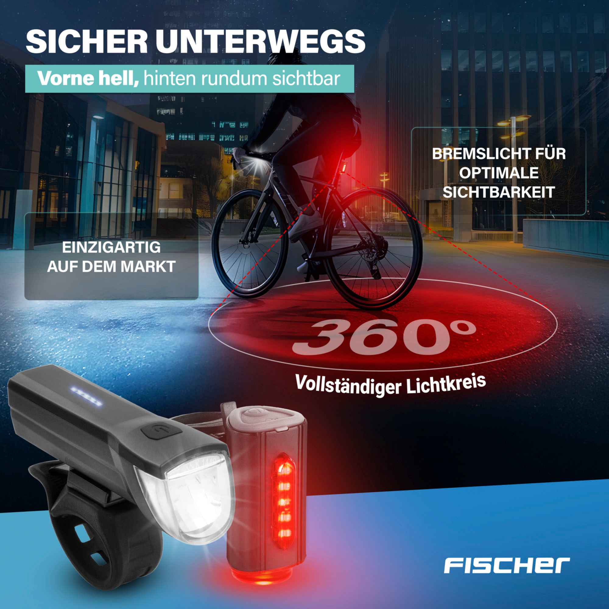 FISCHER Fahrrad Fahrradbeleuchtung »FISCHER LED Beleuchtungsset mit 360Â° Bodenleuchte« mit zusätzlicher Bodenleuchte