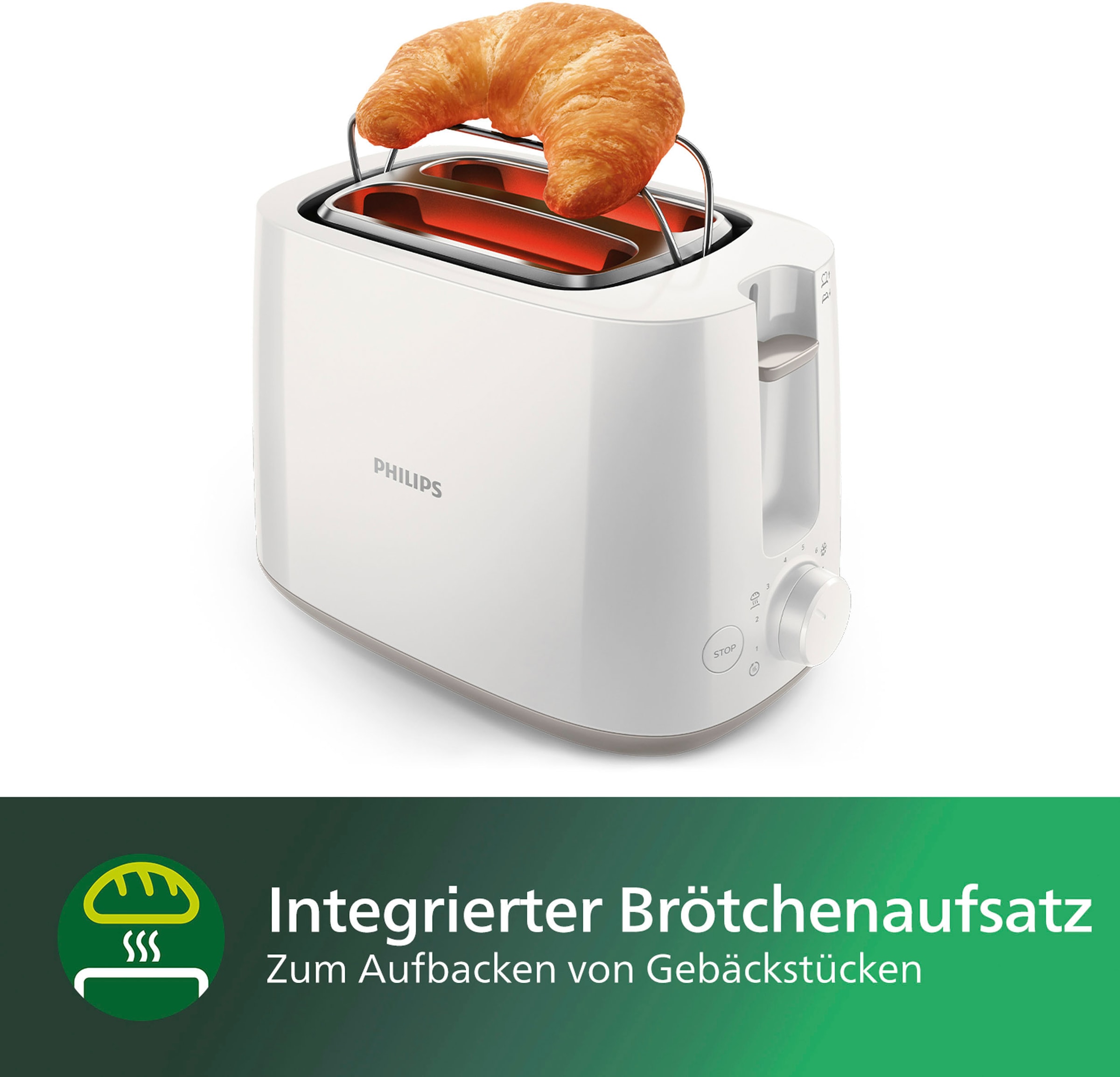 Philips Toaster »HD2581/00«, 2 kurze Schlitze, 830 W, integrierter Brötchenaufsatz, weiss